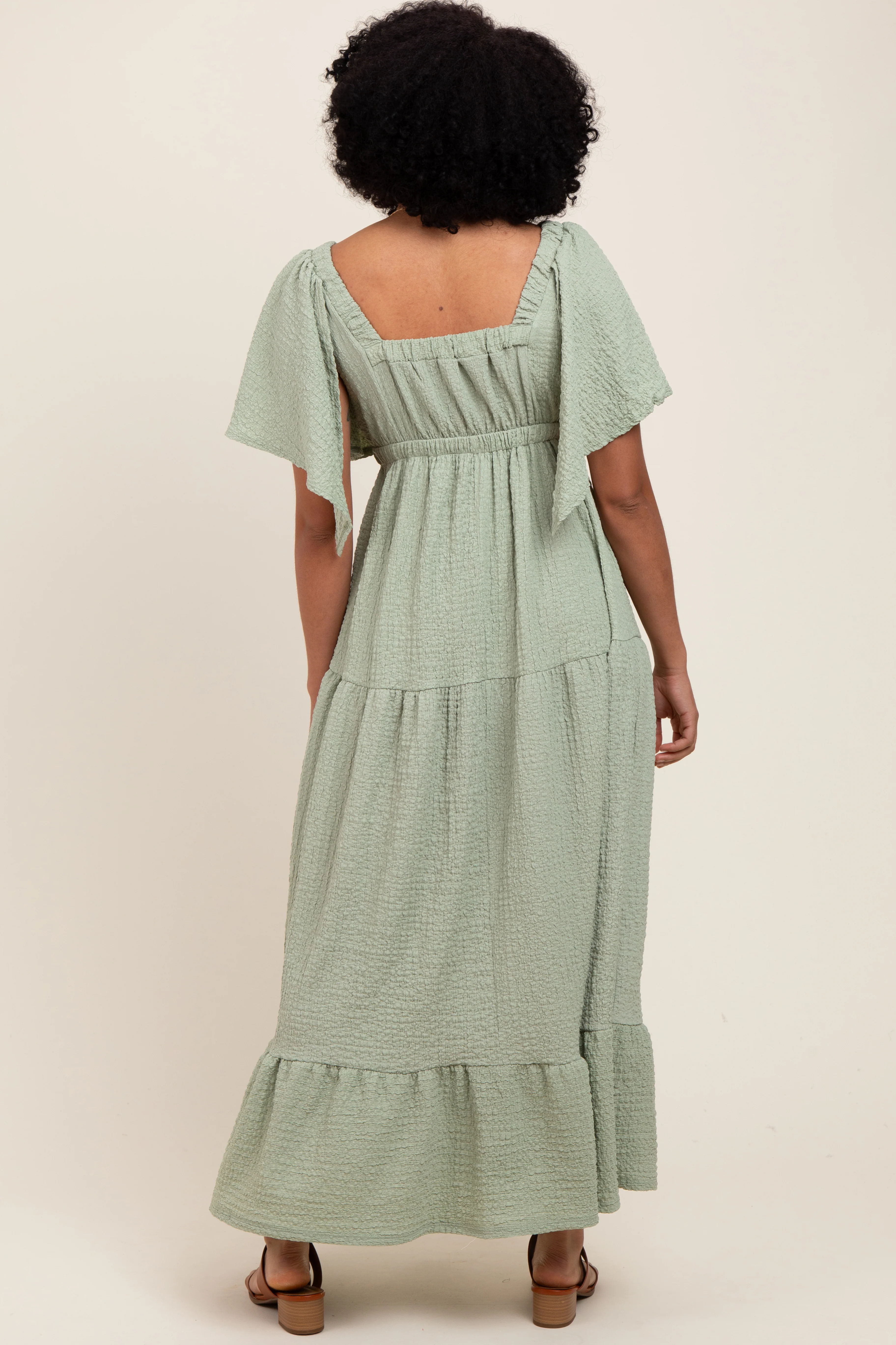 Sage Woven Textured Flutter Sleeve V-Neck Tiered Maxi Dress - Image 4