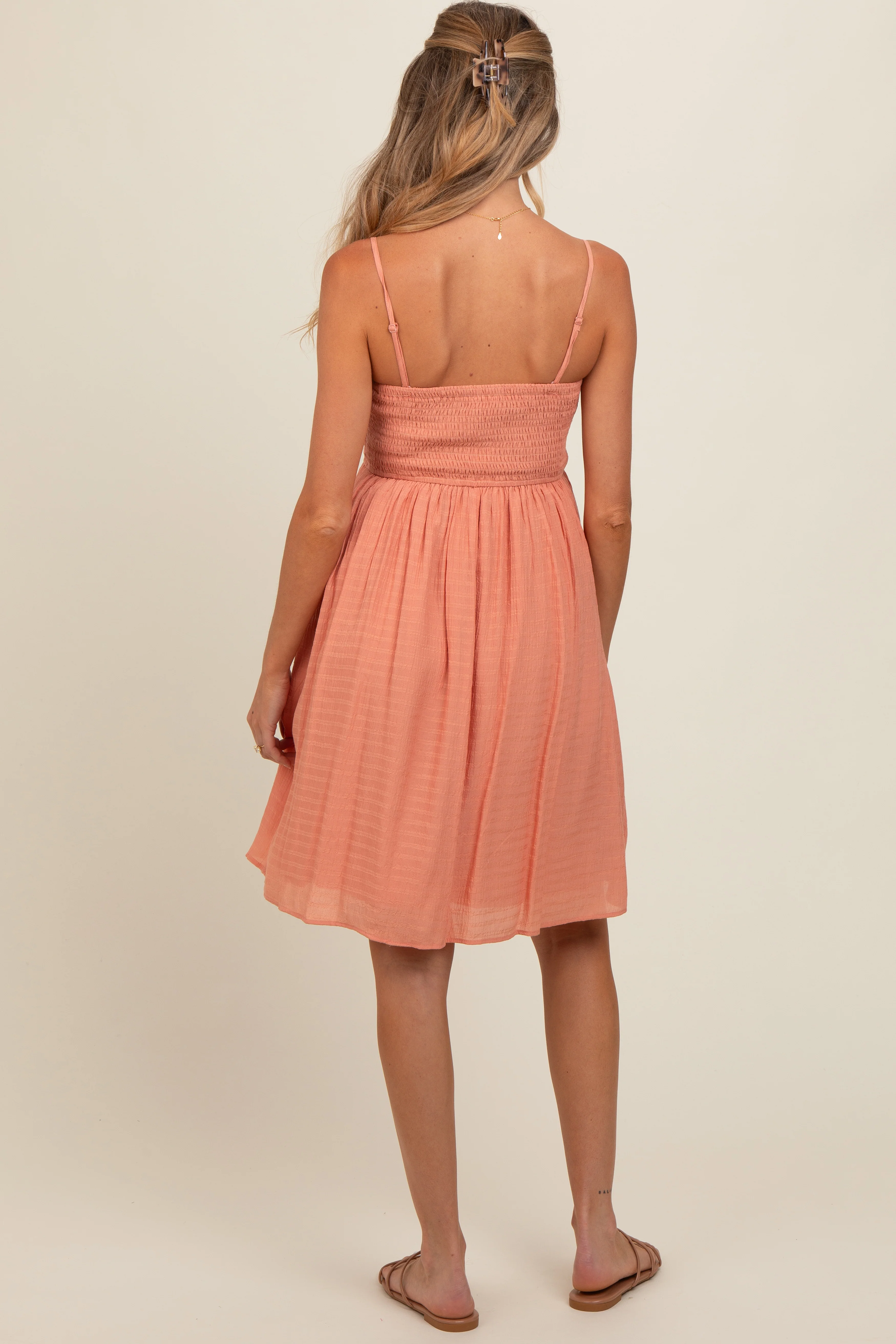 Salmon Textured Smocked Maternity Dress - Image 5