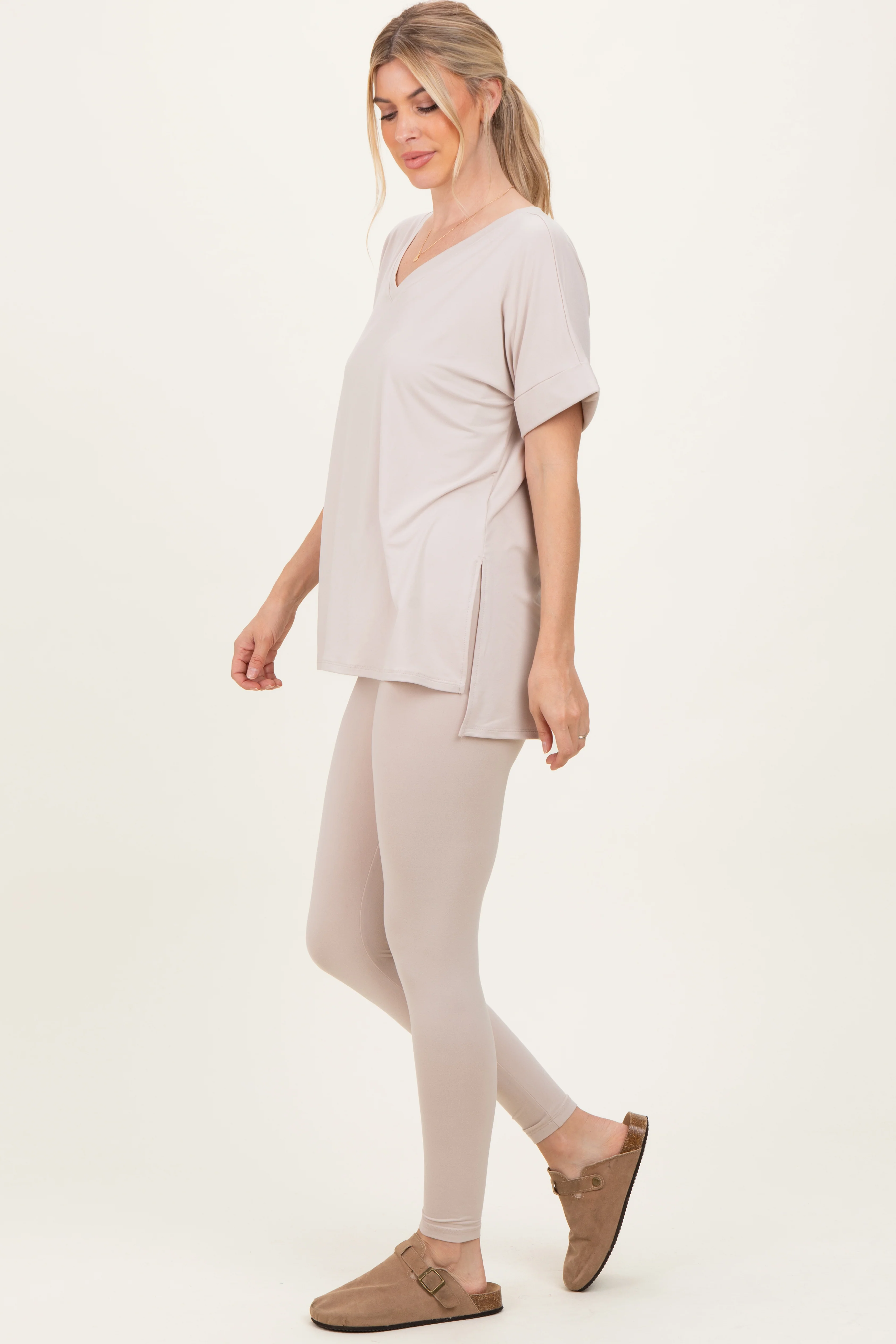 Sand Oversized V-Neck Tee Legging Lounge Set - Image 2