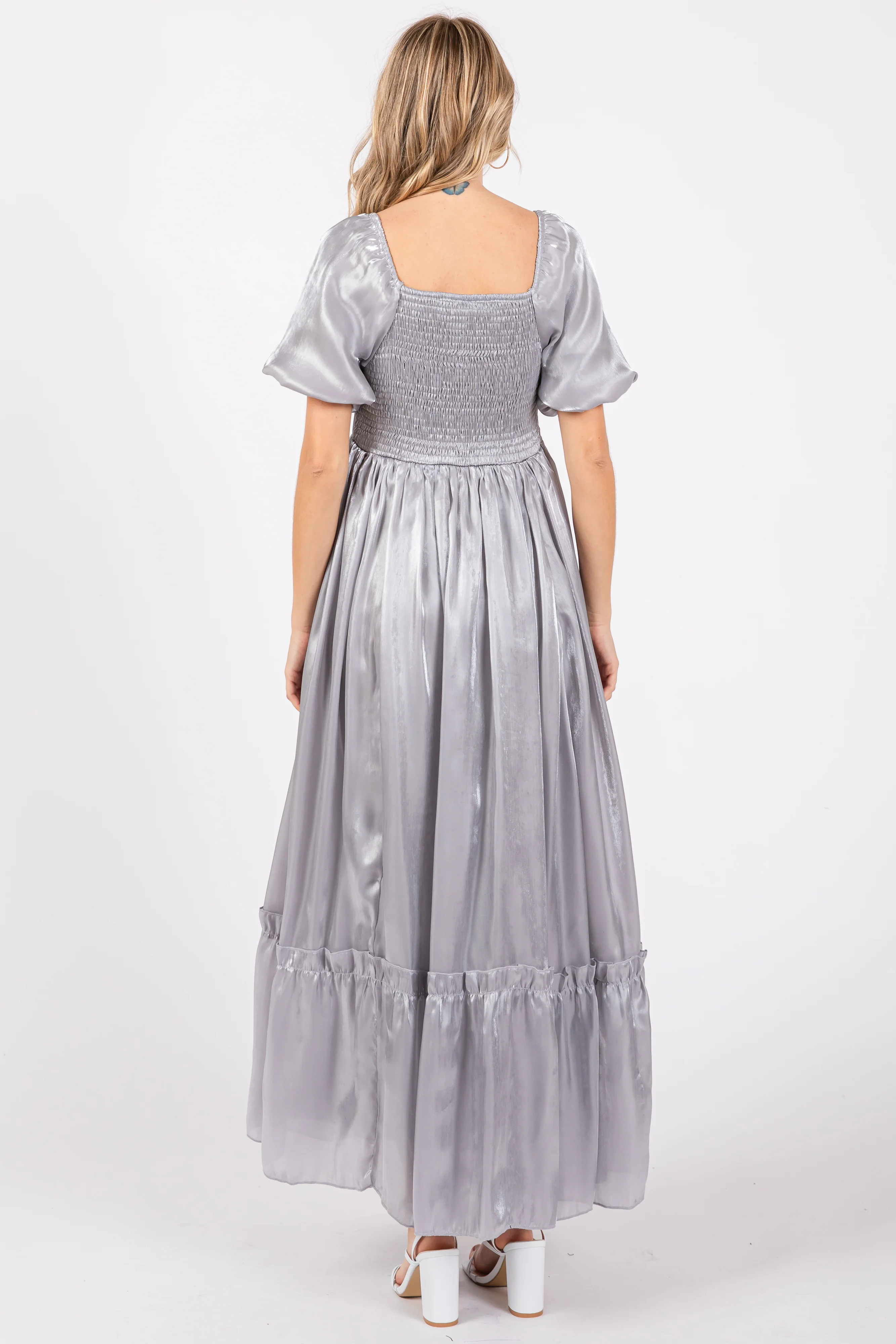 Silver Satin Square Neck Short Puff Sleeve Maxi Dress - Image 3