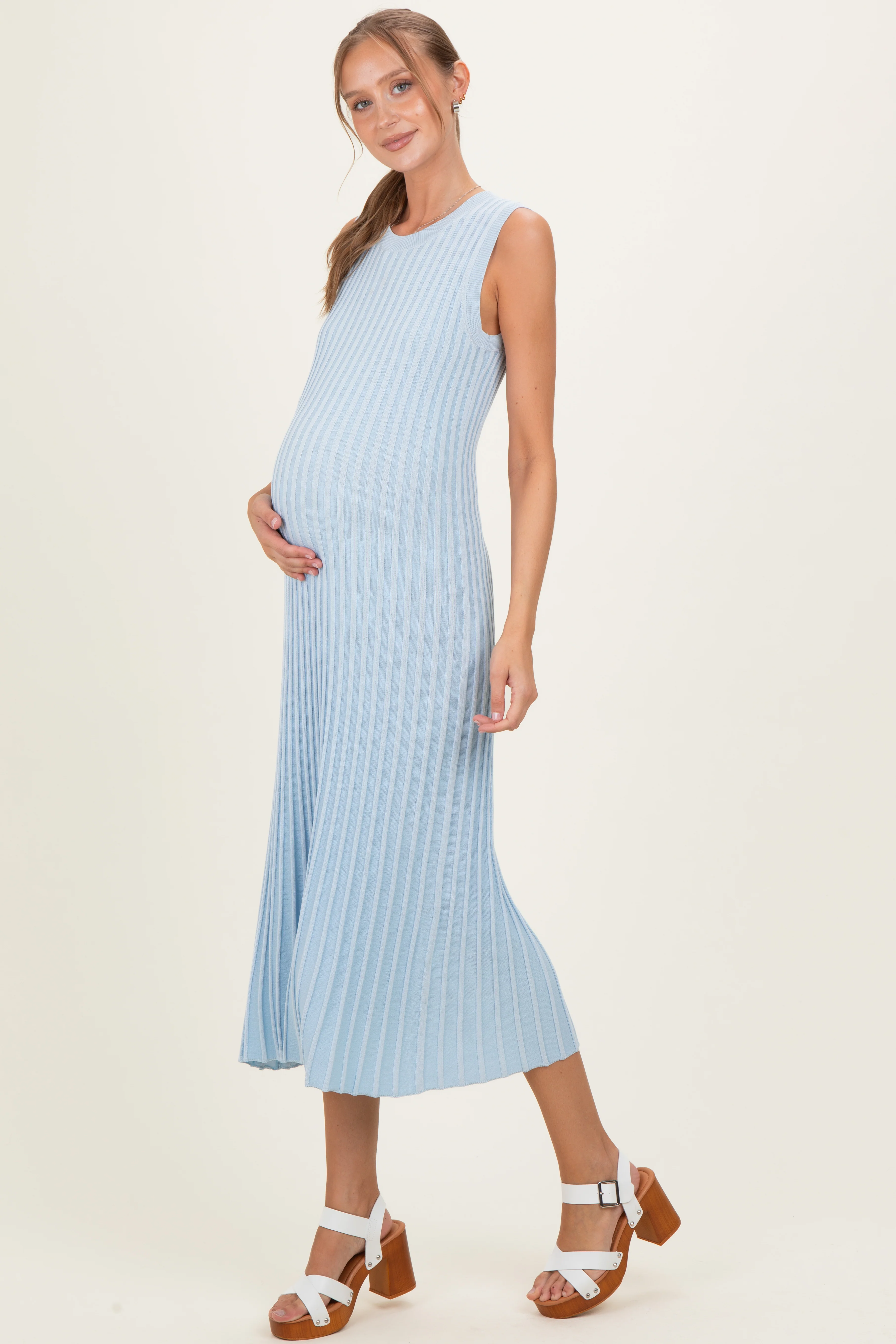 Sky Blue Ribbed Knit Sleeveless Maternity Maxi Dress - Image 2