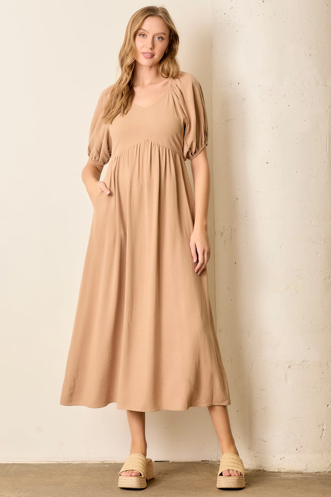 Tan Linen Short Puff Sleeve Maternity Midi Dress - Image 3
