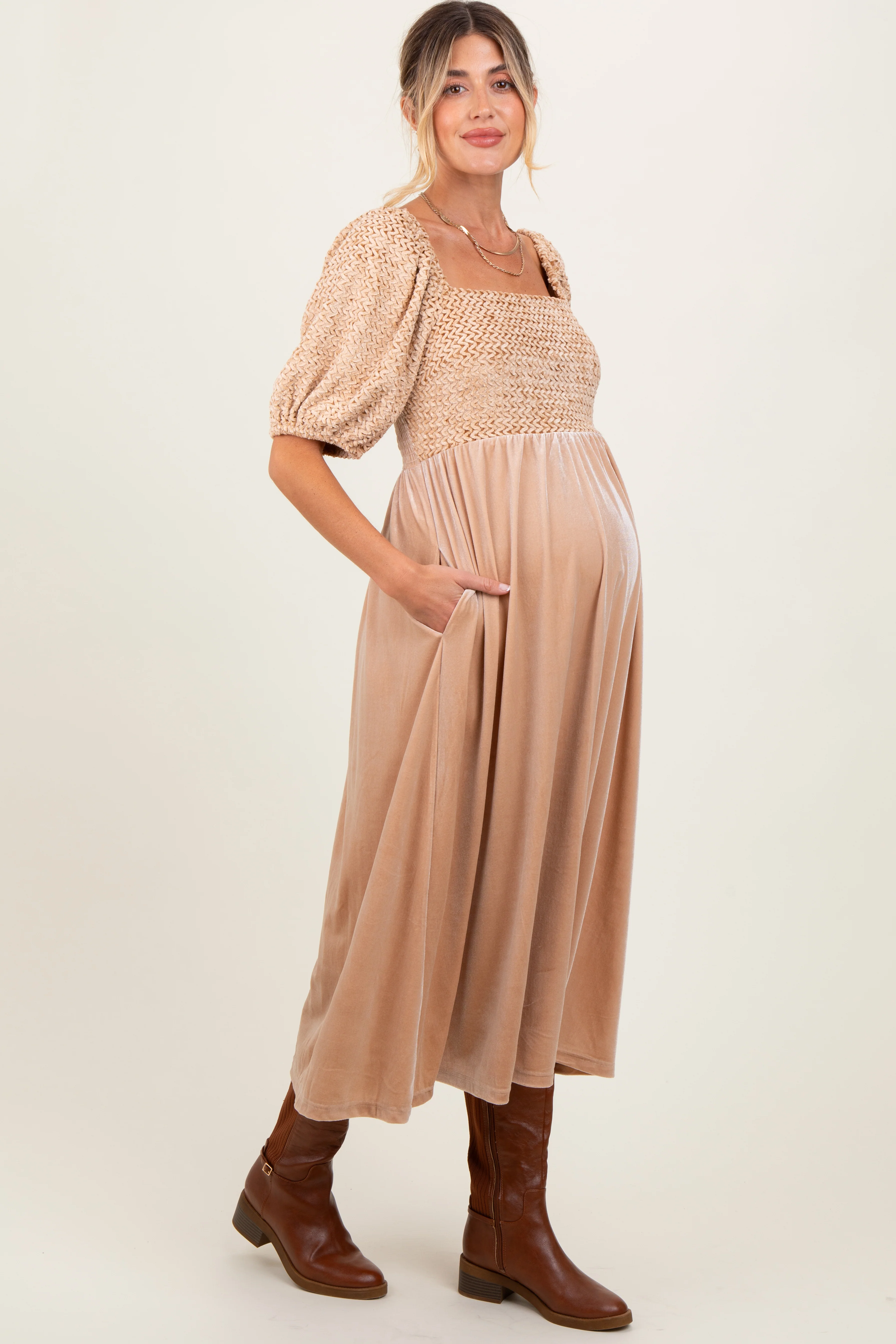 Tan Velvet Contrast Square Neck Maternity Midi Dress - Image 3