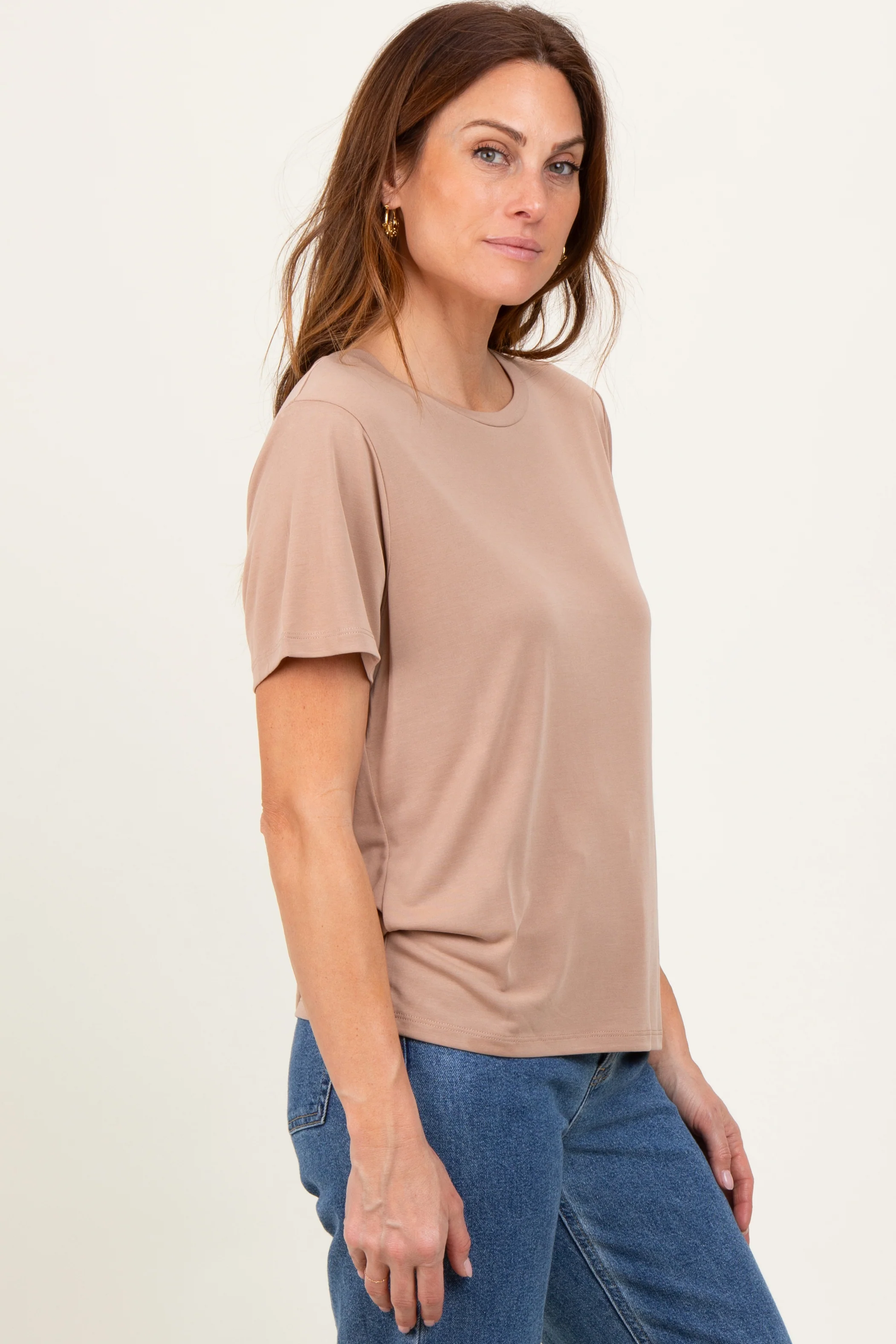 Taupe Basic Round Neck Short Sleeve T-Shirt - Image 3