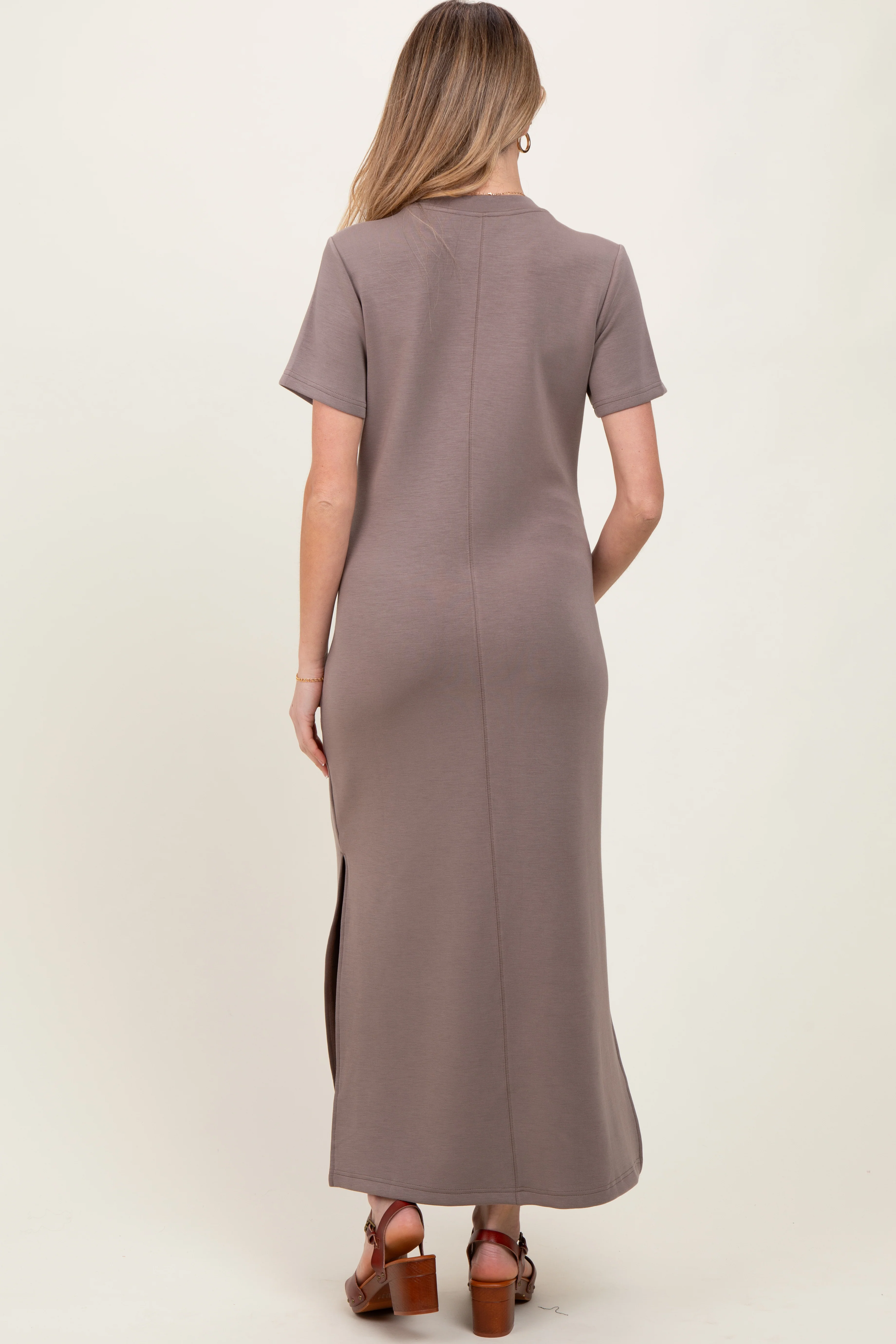 Taupe Basic Side Slit Short Sleeve Maternity Midi Dress - Image 3