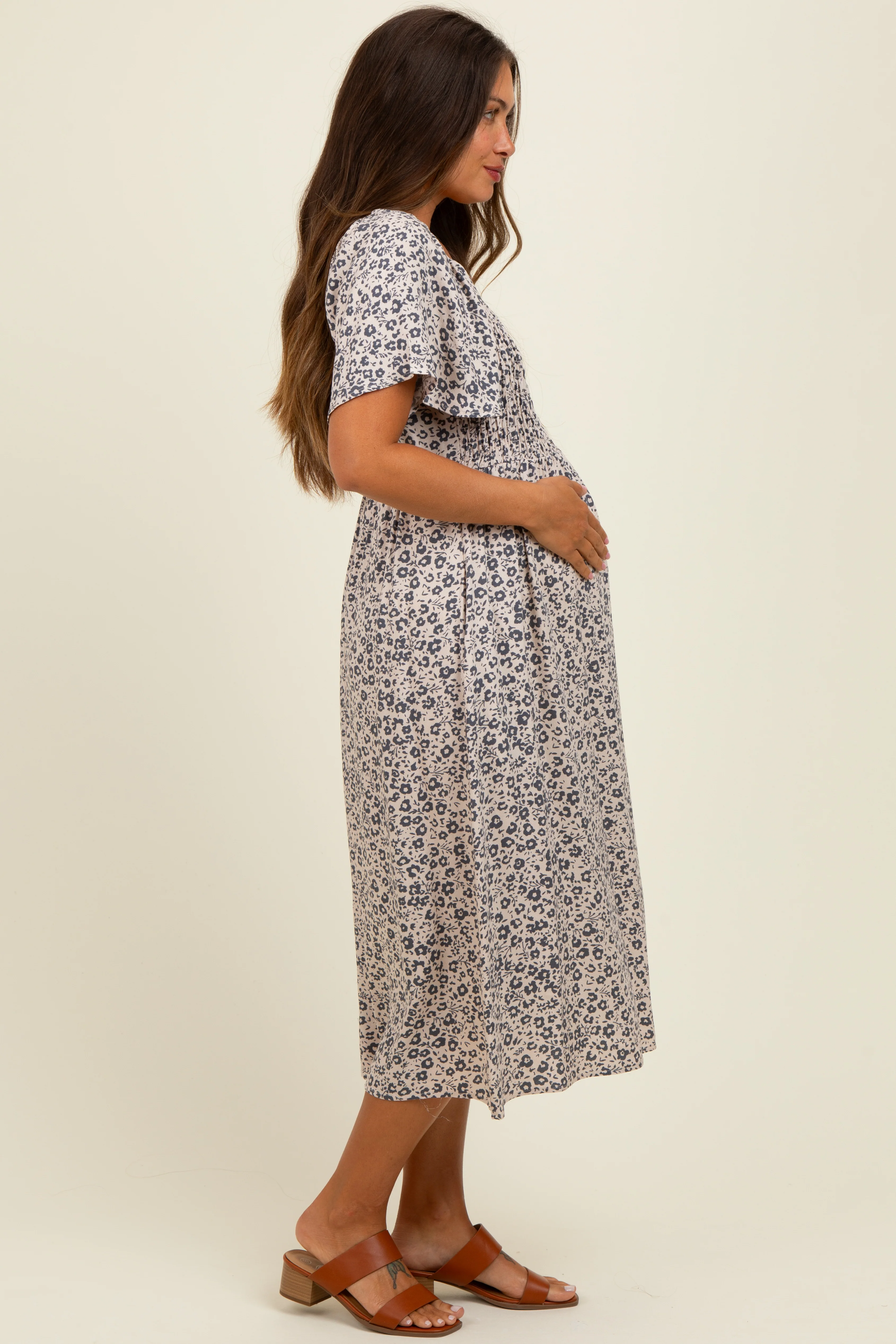 Taupe/Black Printed Maternity Dress With Pockets - Image 3