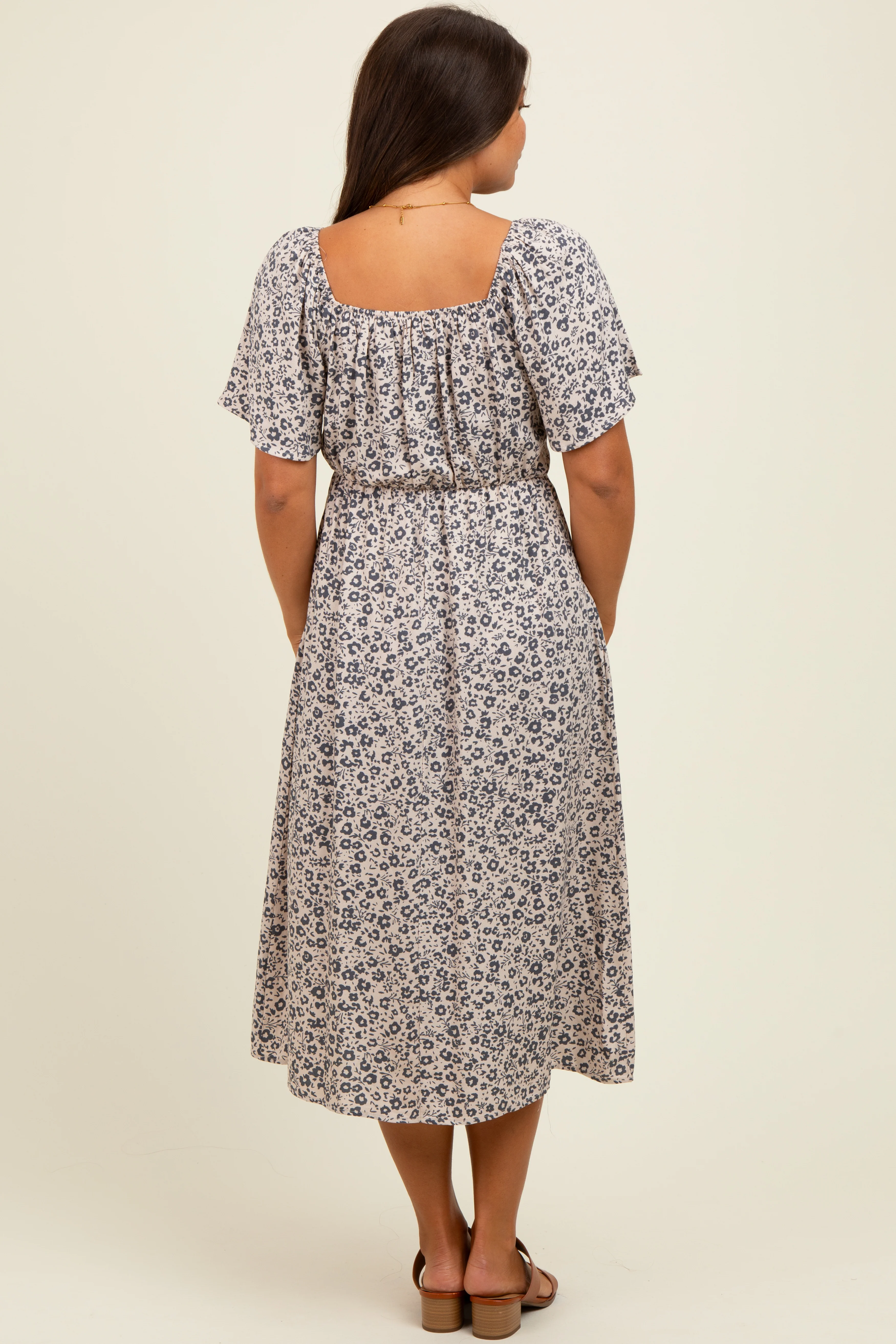 Taupe/Black Printed Maternity Dress With Pockets - Image 4