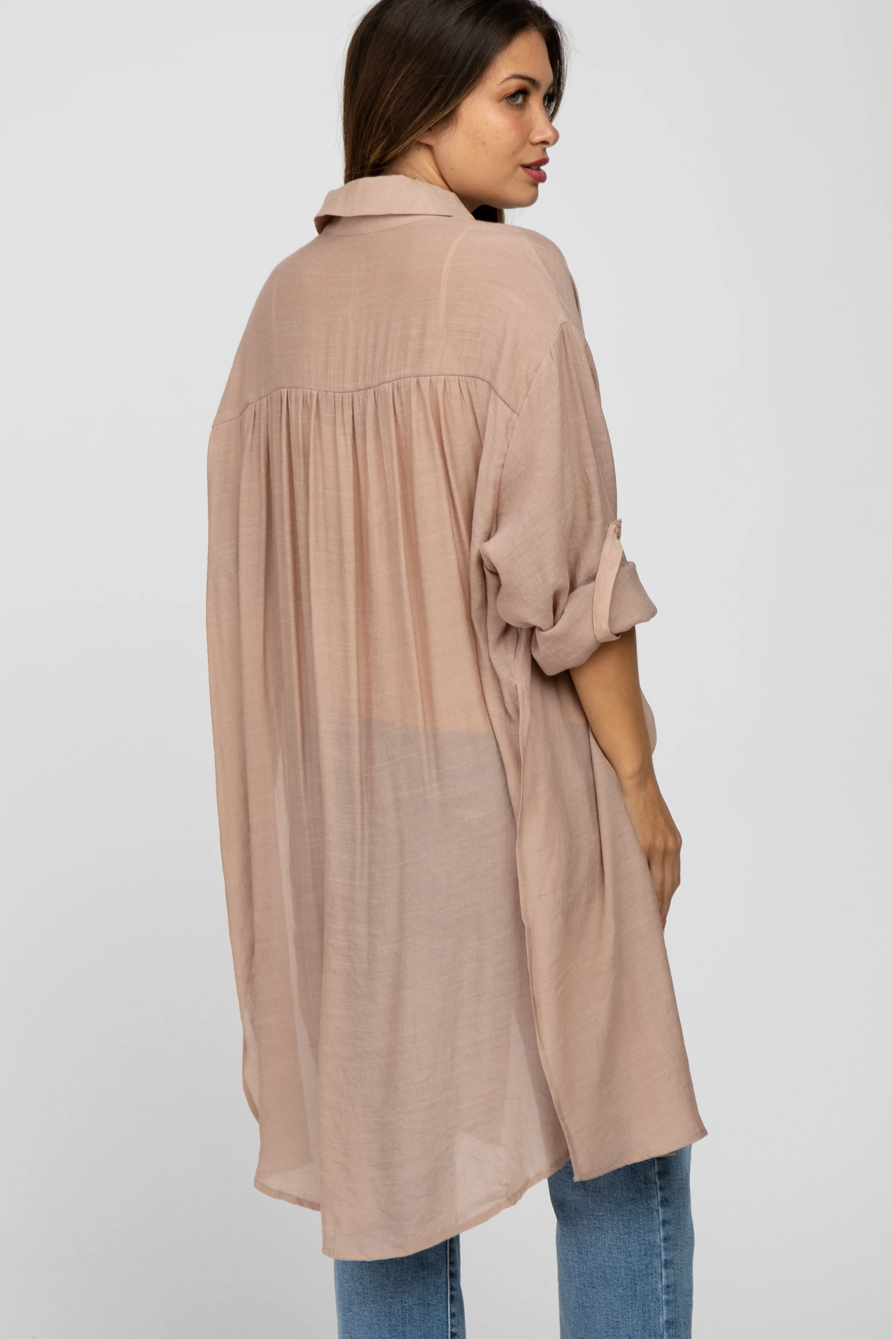 Taupe Button Front Side Slit Oversized Maternity Blouse - Image 4