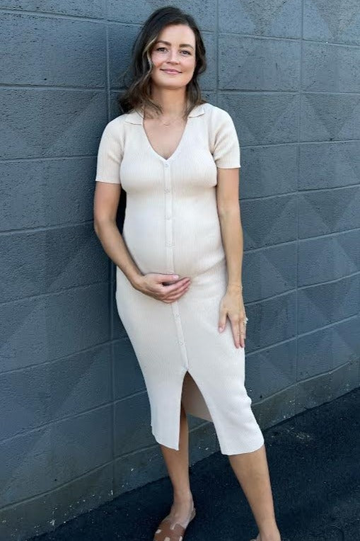 Taupe Collared Button Front Ribbed Maternity Midi Dress - Image 5