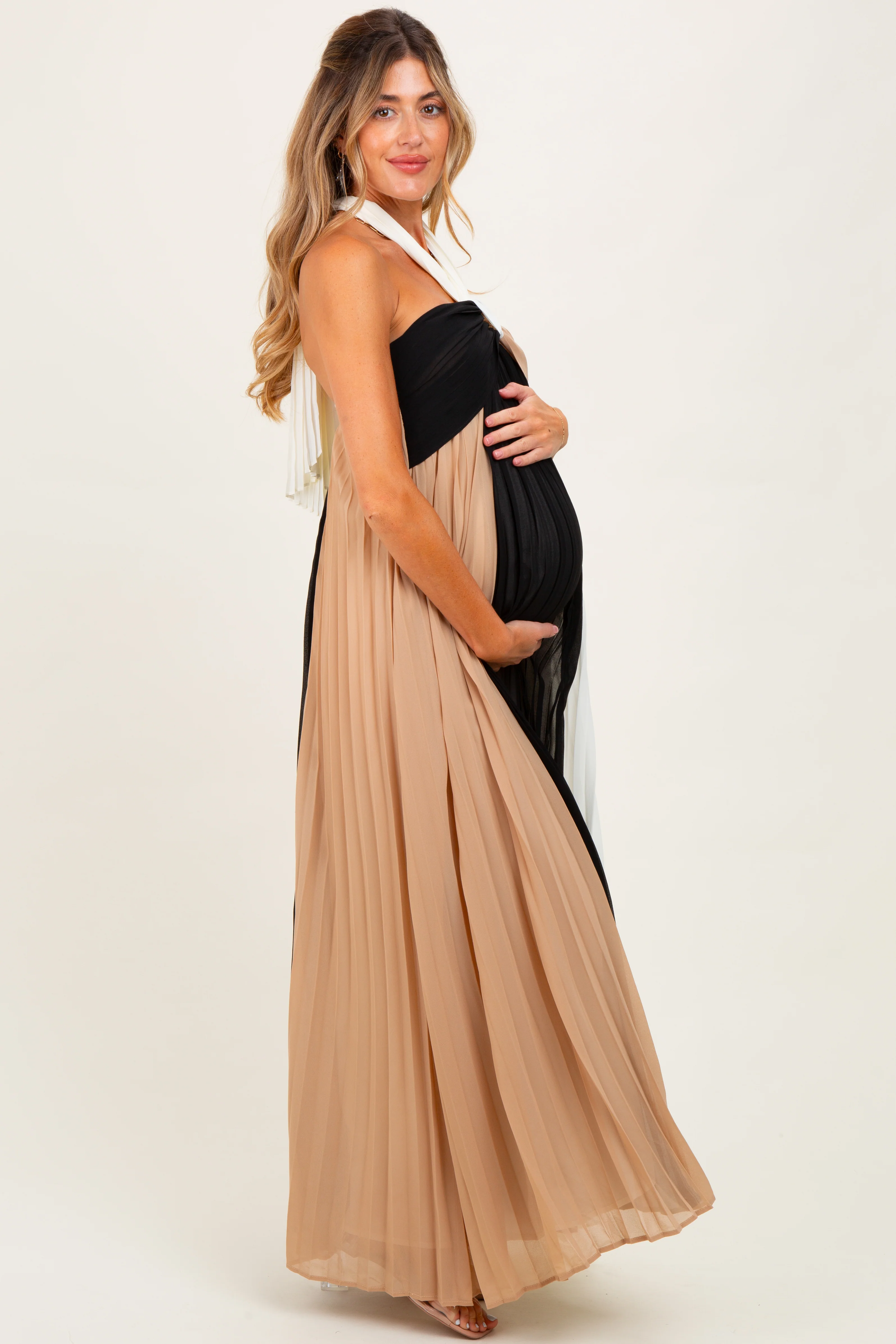 Taupe Colorblock Pleated Halter Neck Maternity Maxi Dress - Image 4