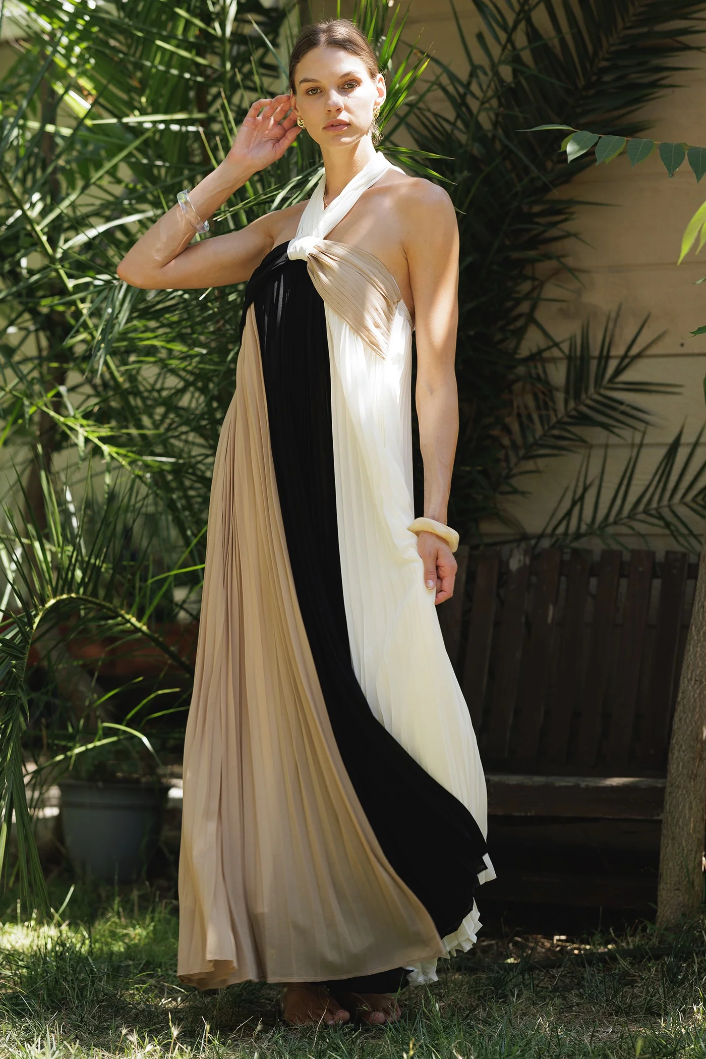 Taupe Colorblock Pleated Halter Neck Maxi Dress - Image 2