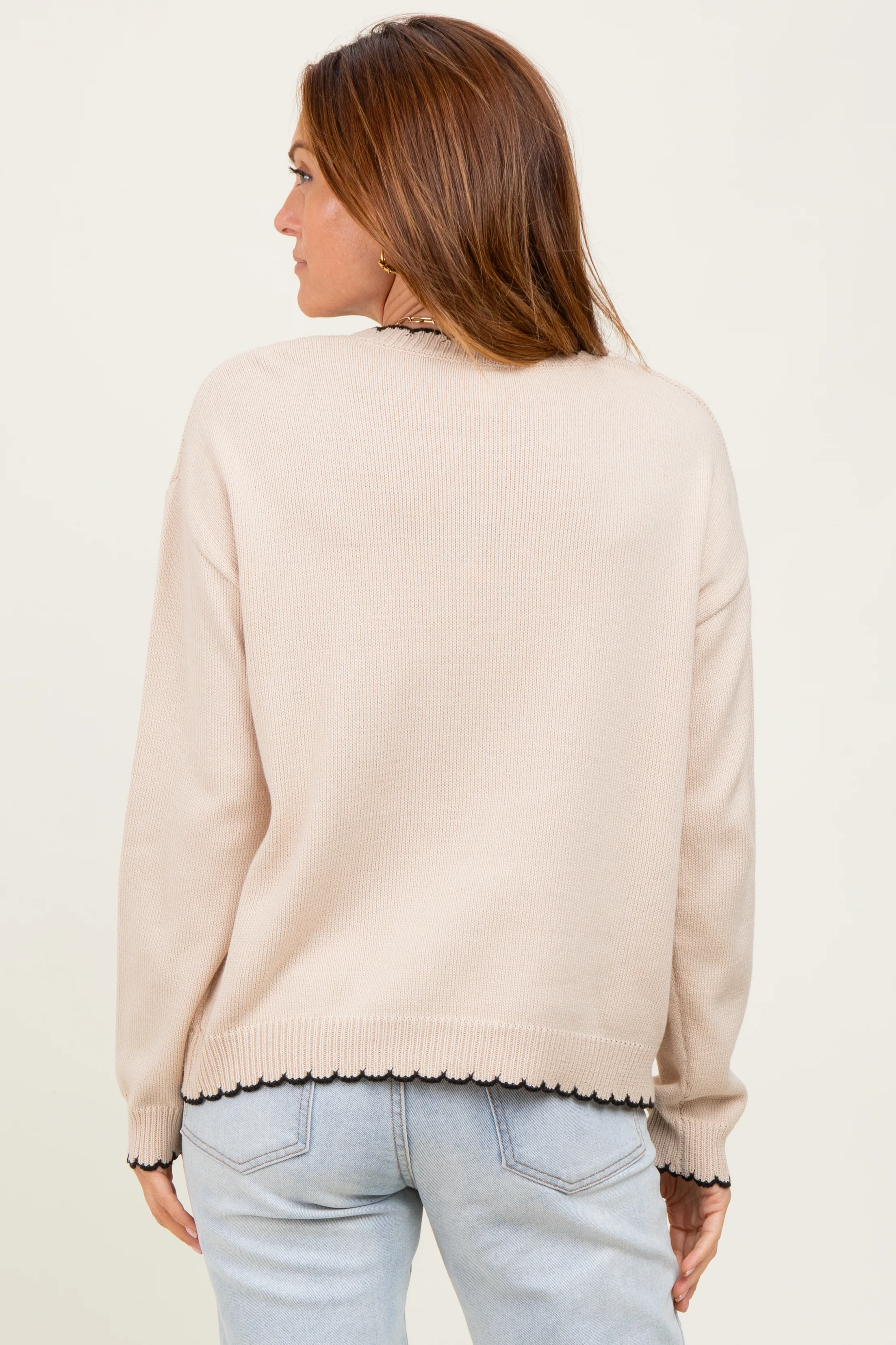 Taupe Contrast Scallop Trim Sweater - Image 4