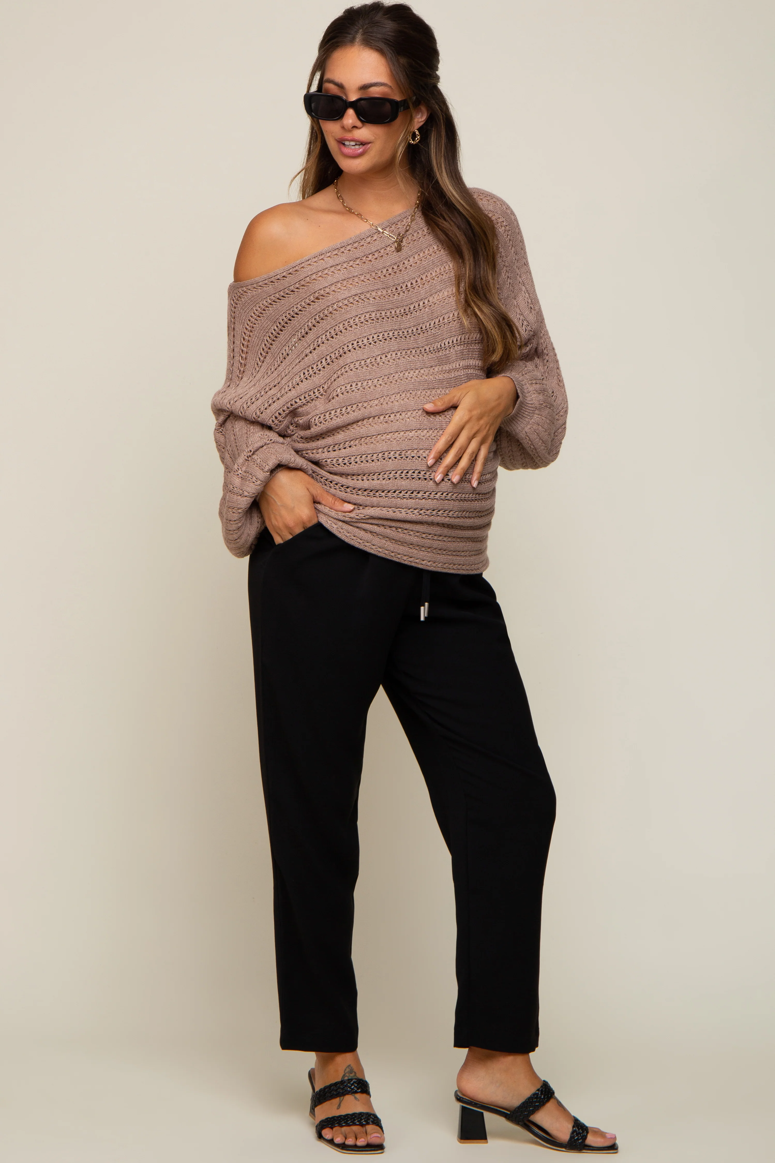 Taupe Crochet Dolman Sleeve Maternity Sweater - Image 4