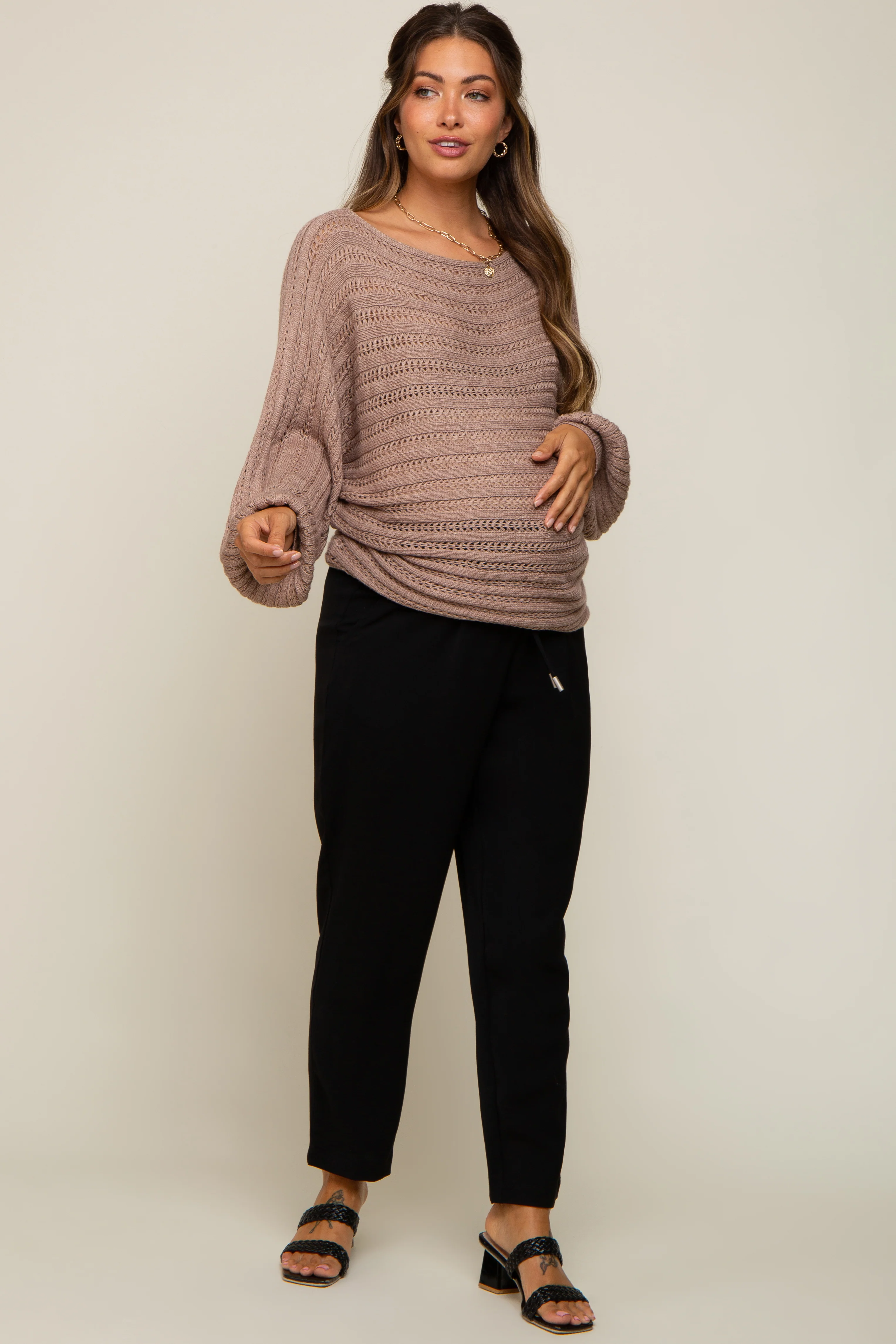 Taupe Crochet Dolman Sleeve Maternity Sweater - Image 5