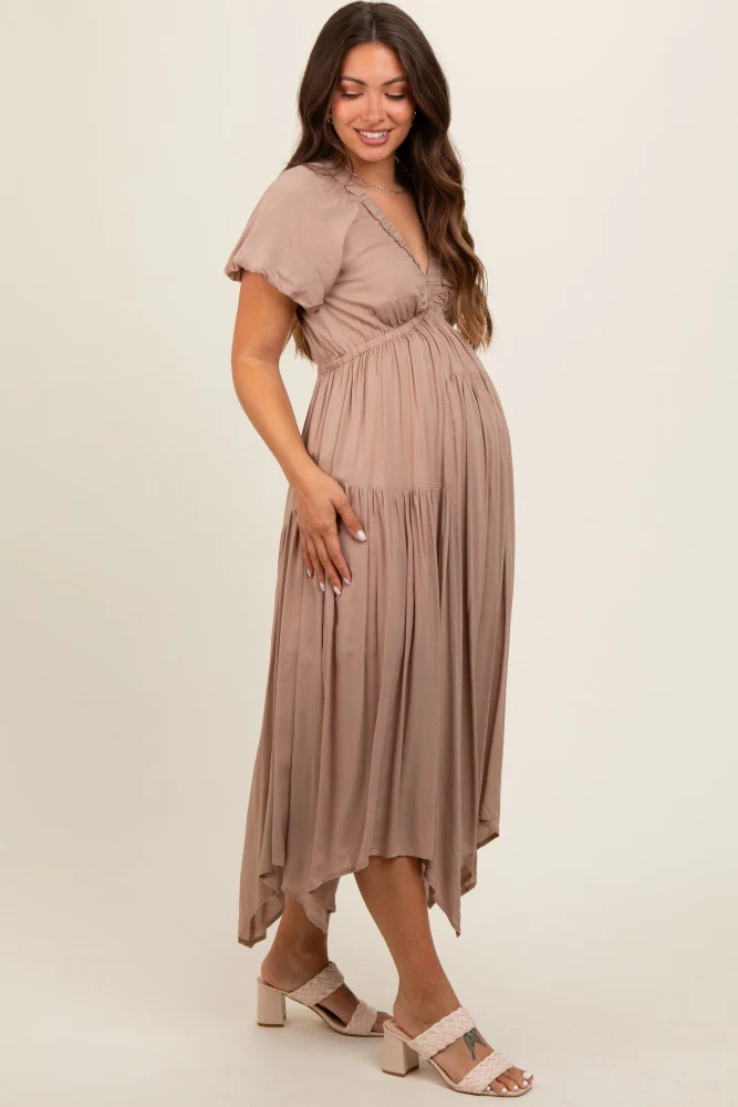 Taupe Deep V-Neck Puff Short Sleeve Asymmetrical Hem Maternity Midi Dress - Image 3