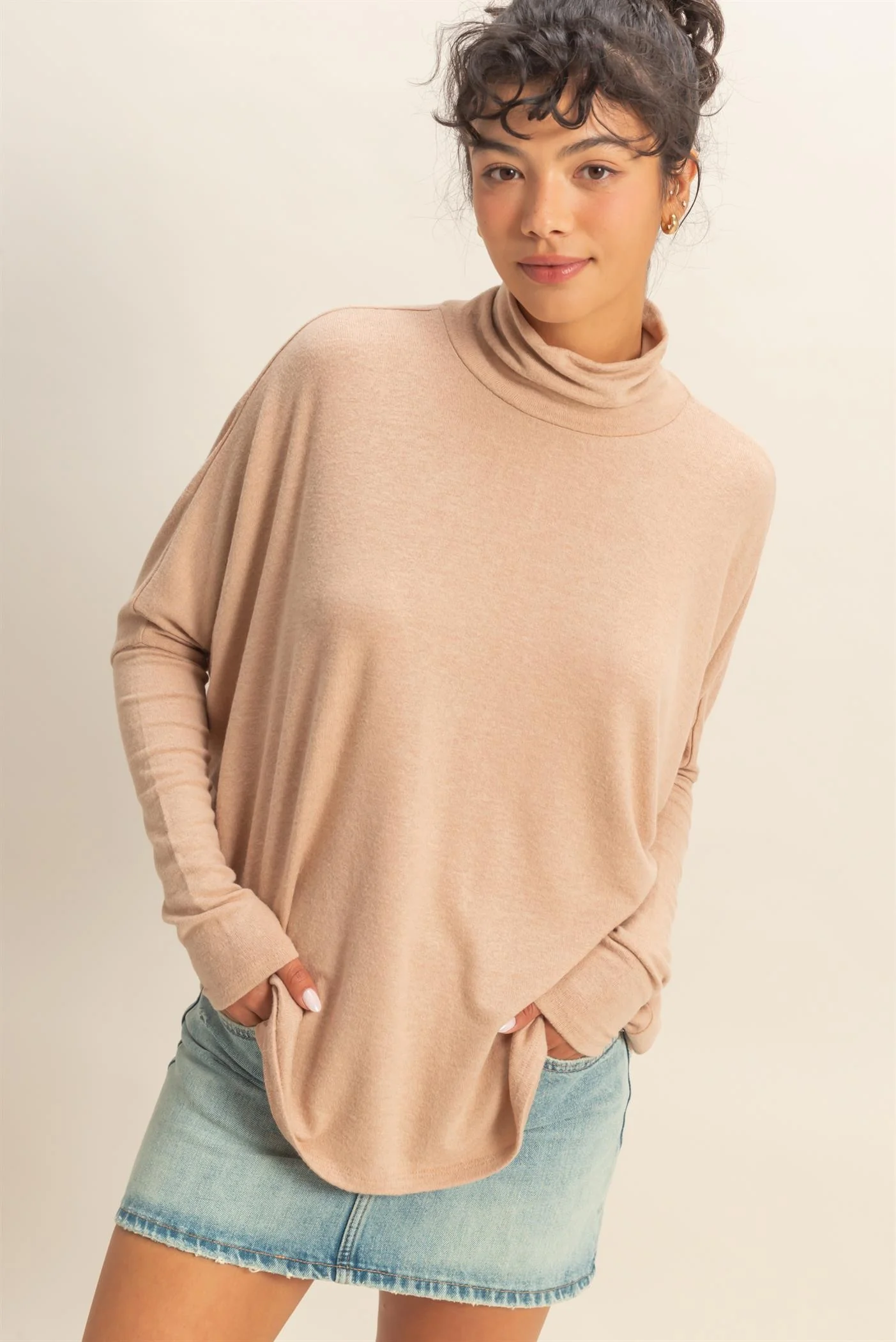 Taupe Draped Oversized Turtleneck Dolman Sleeve Maternity Top - Image 4