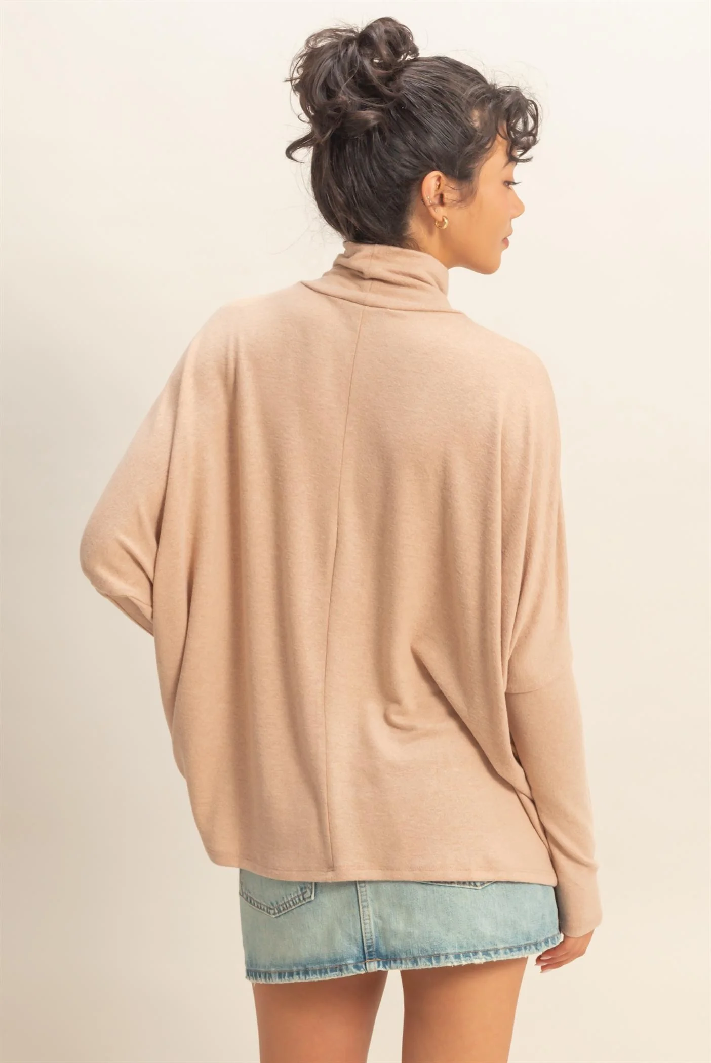 Taupe Draped Oversized Turtleneck Dolman Sleeve Top - Image 3