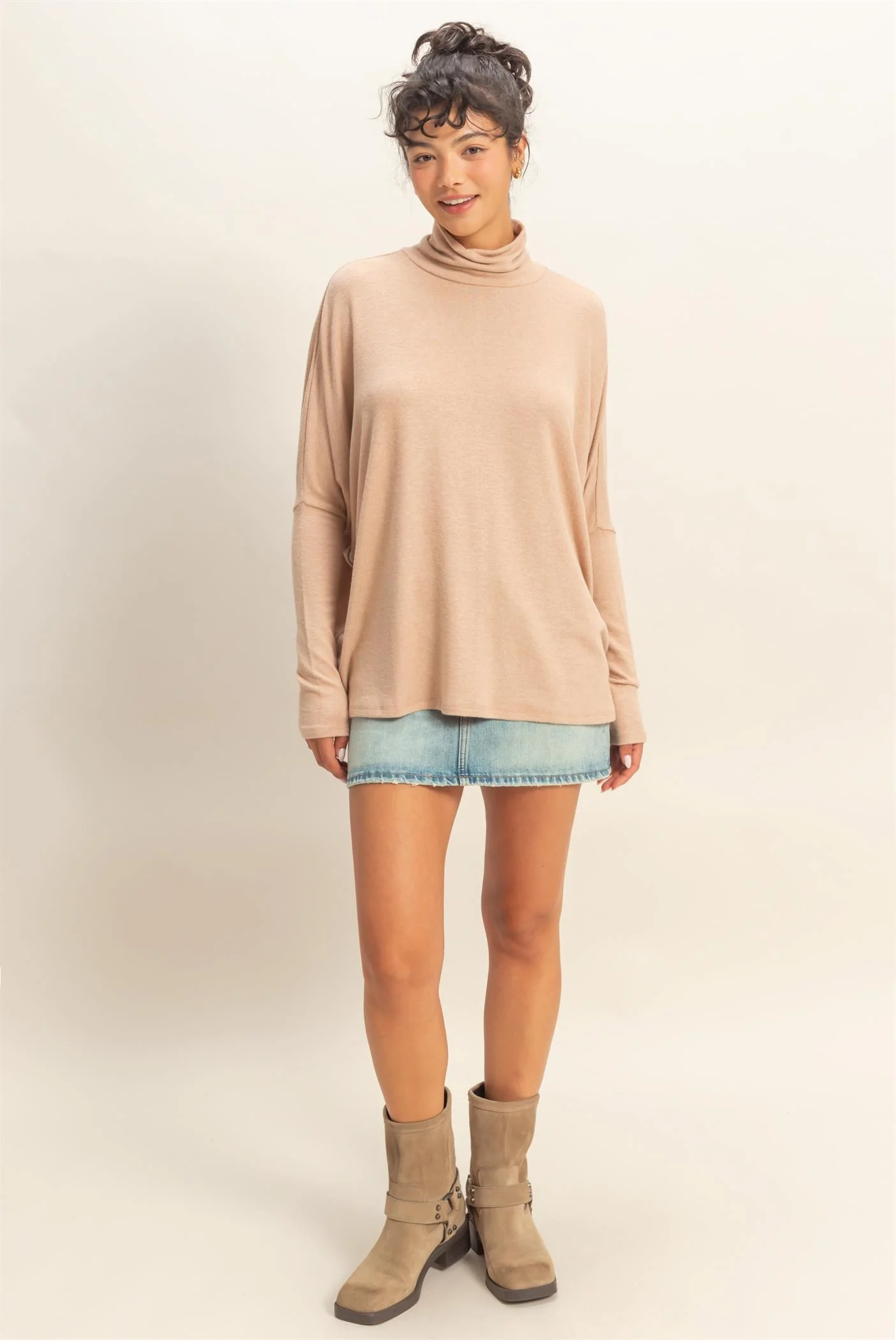 Taupe Draped Oversized Turtleneck Dolman Sleeve Top - Image 4