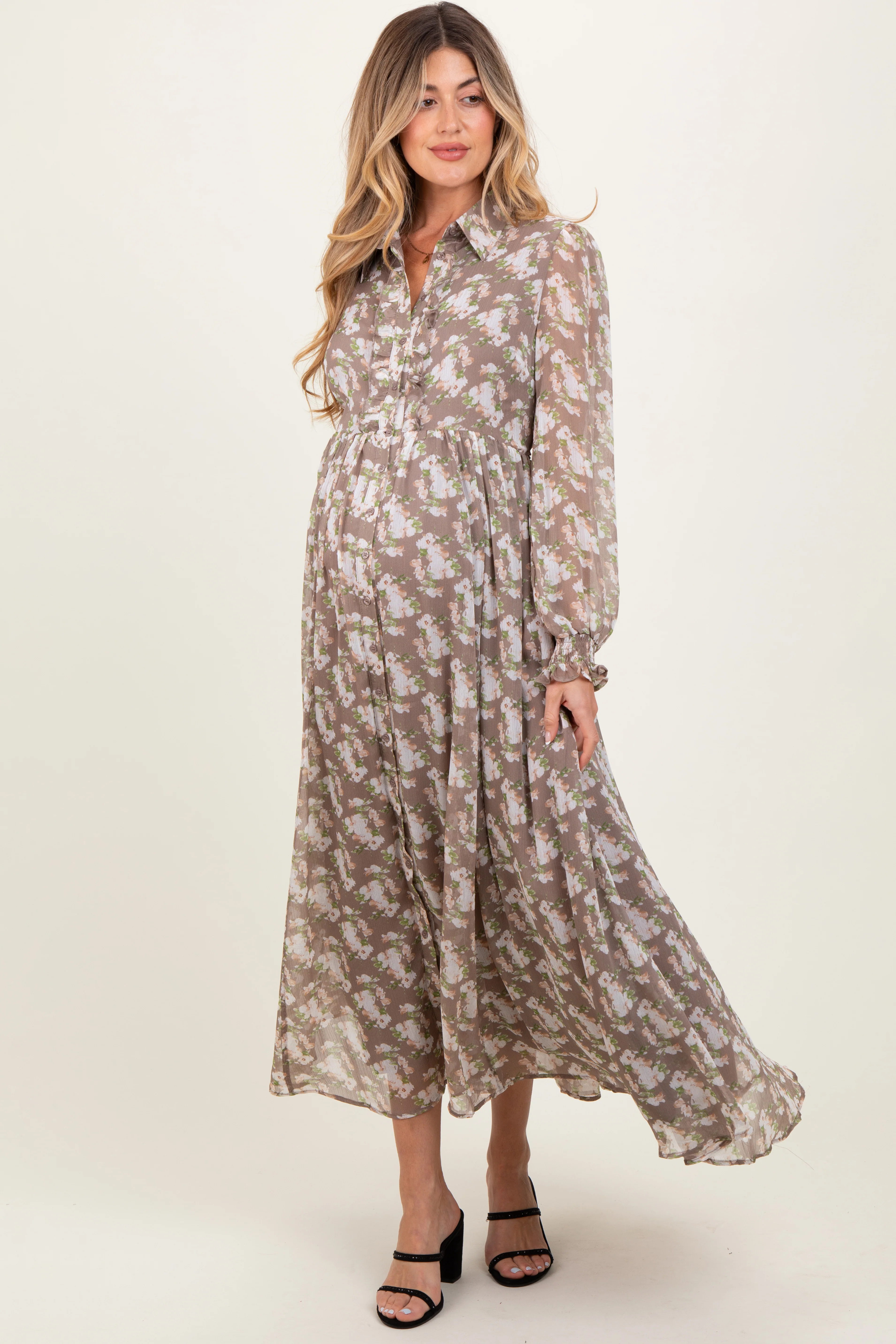 Taupe Floral Chiffon Ruffle Accent Button Down Maternity Maxi Dress - Image 2