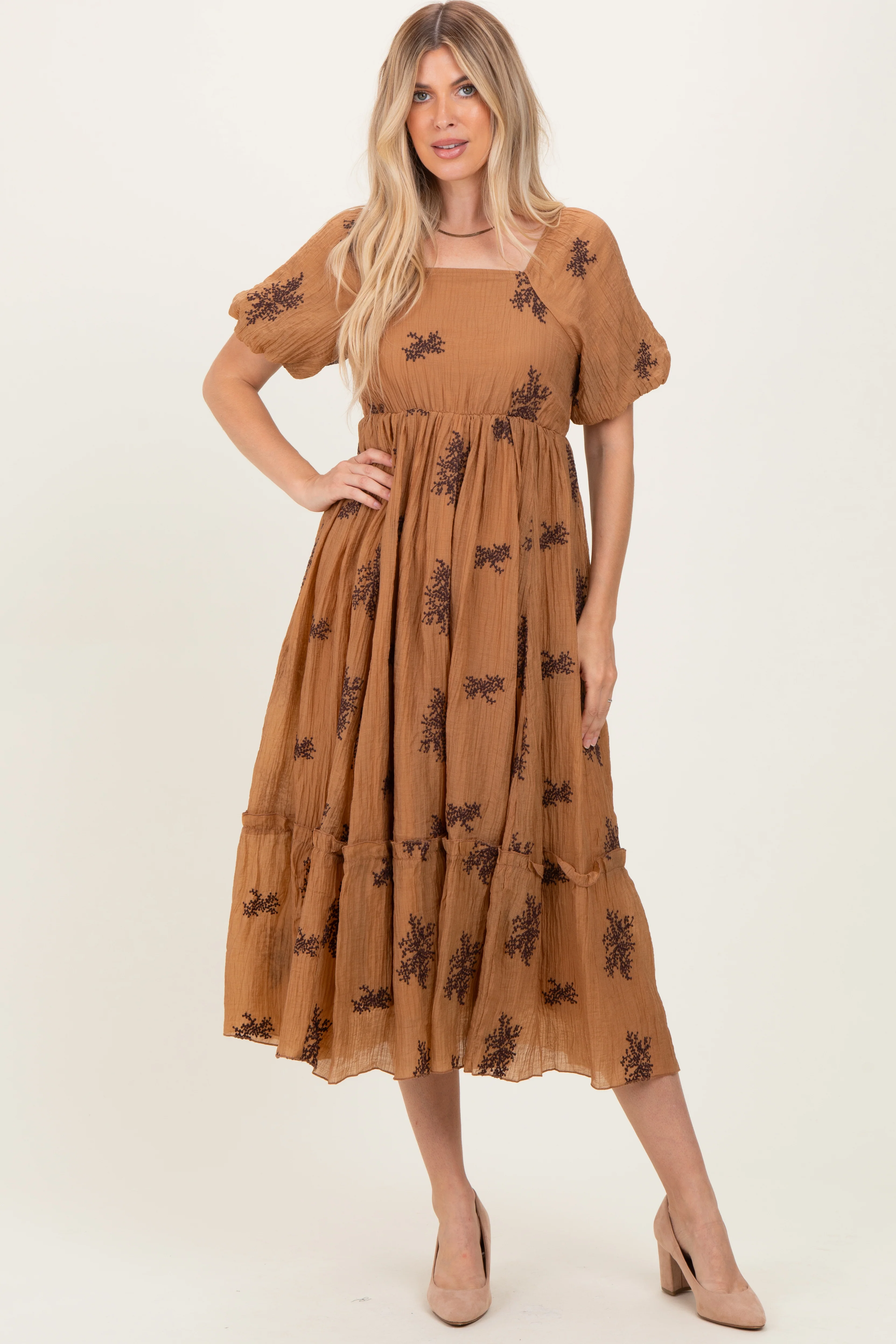 Taupe Floral Embroidered Puff Sleeve Maternity Midi Dress - Image 5