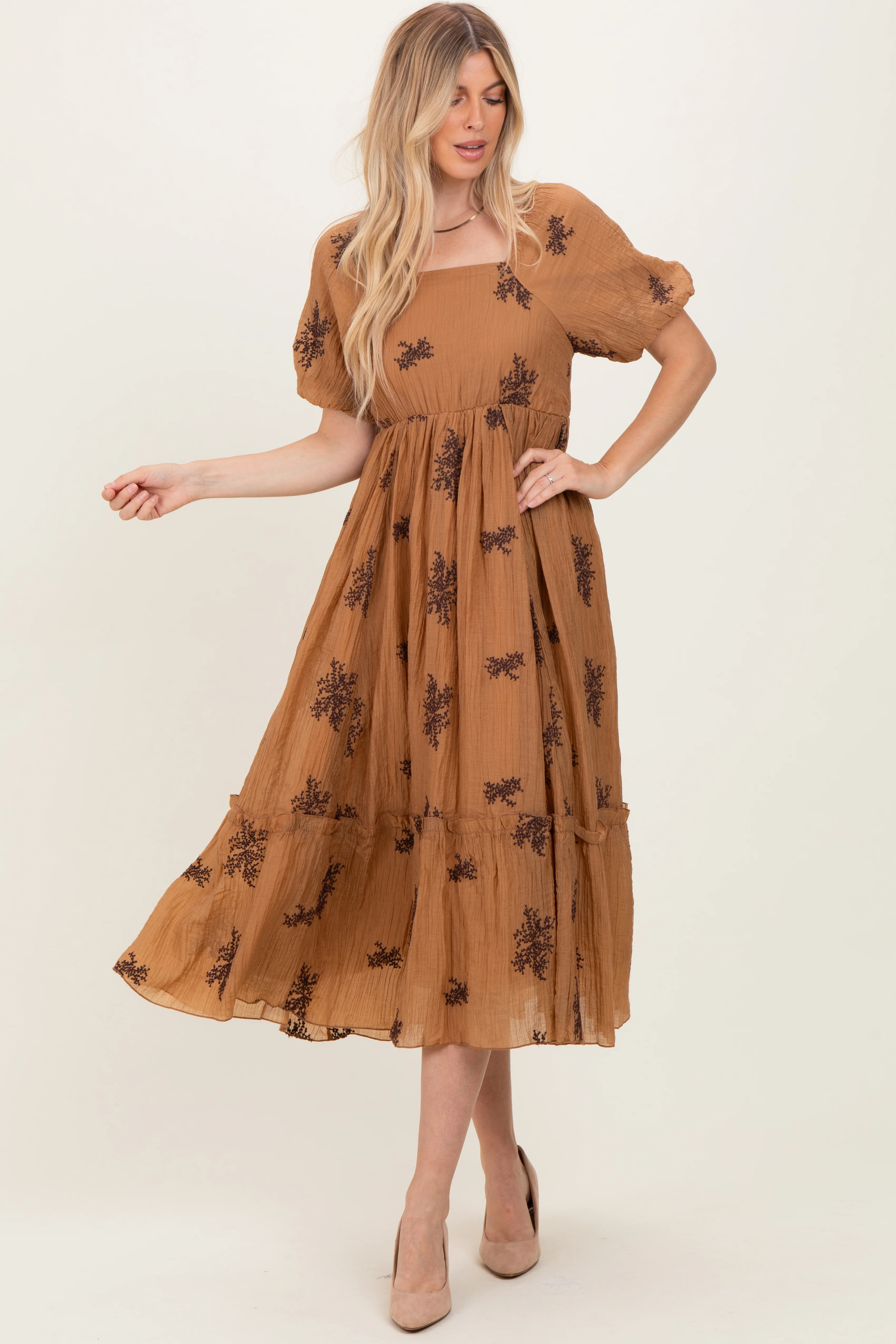 Taupe Floral Embroidered Puff Sleeve Midi Dress - Image 2
