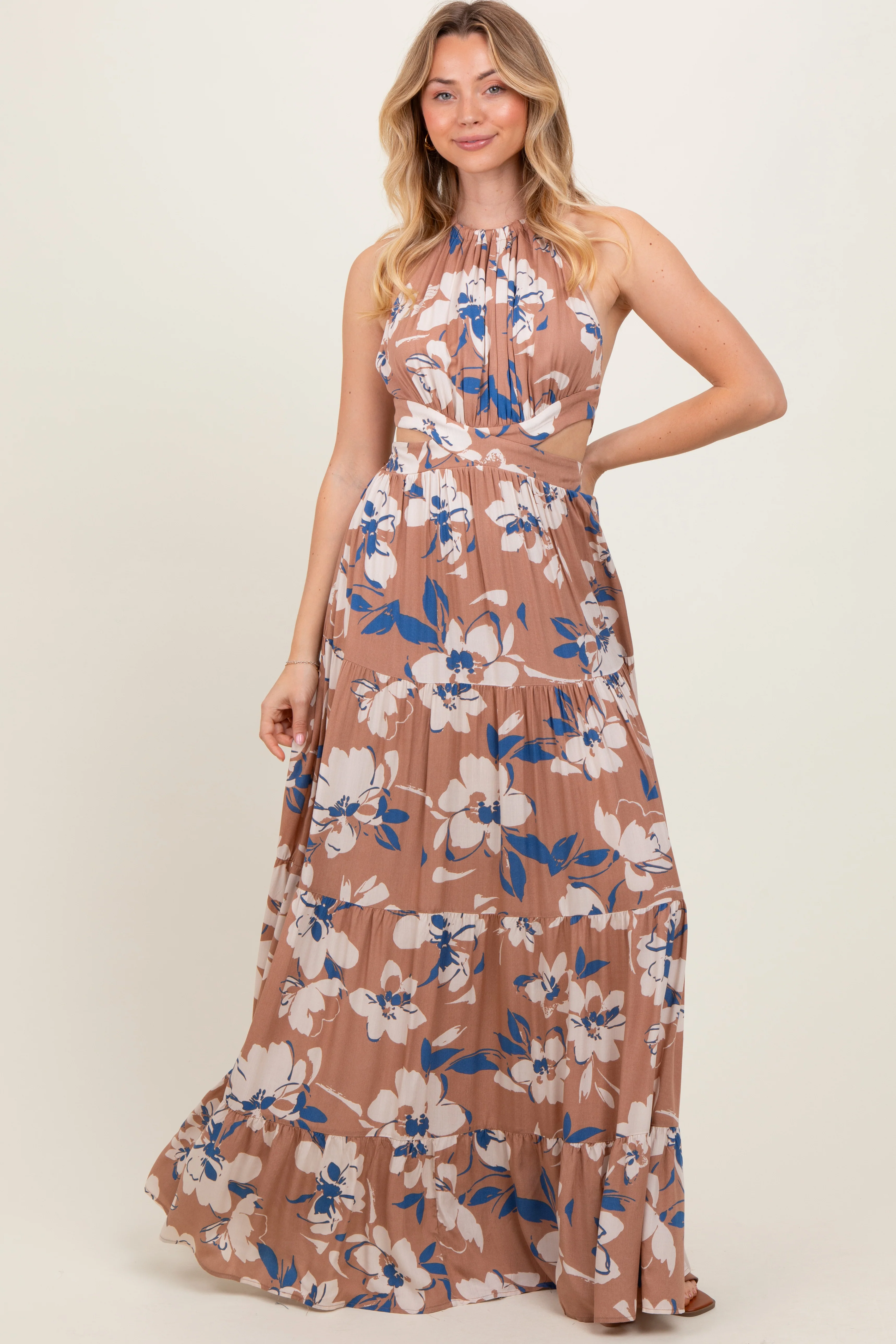 Taupe Floral Halter Side Cutout Maternity Maxi Dress - Image 4