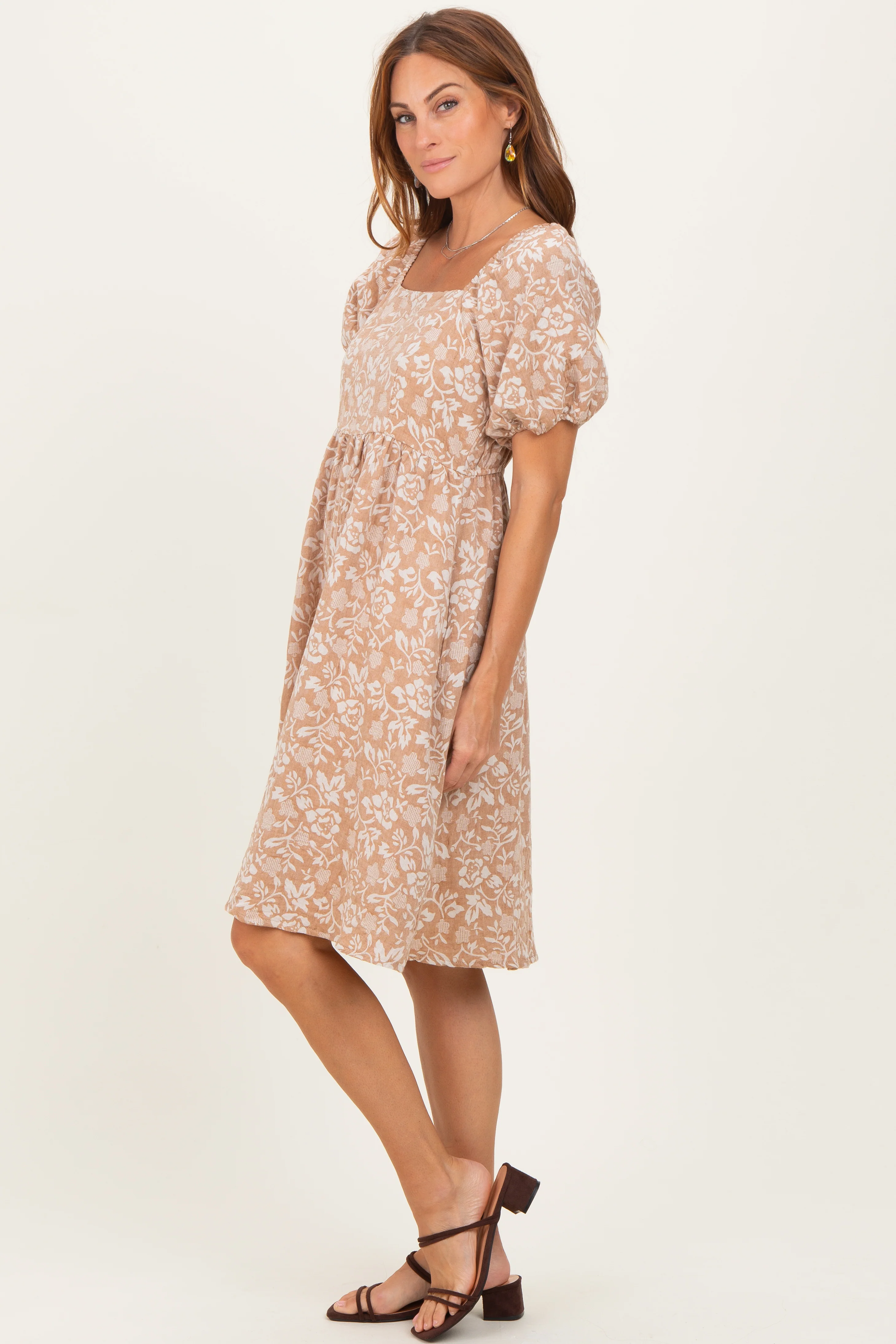 Taupe Floral Jacquard Square Neck Dress - Image 3