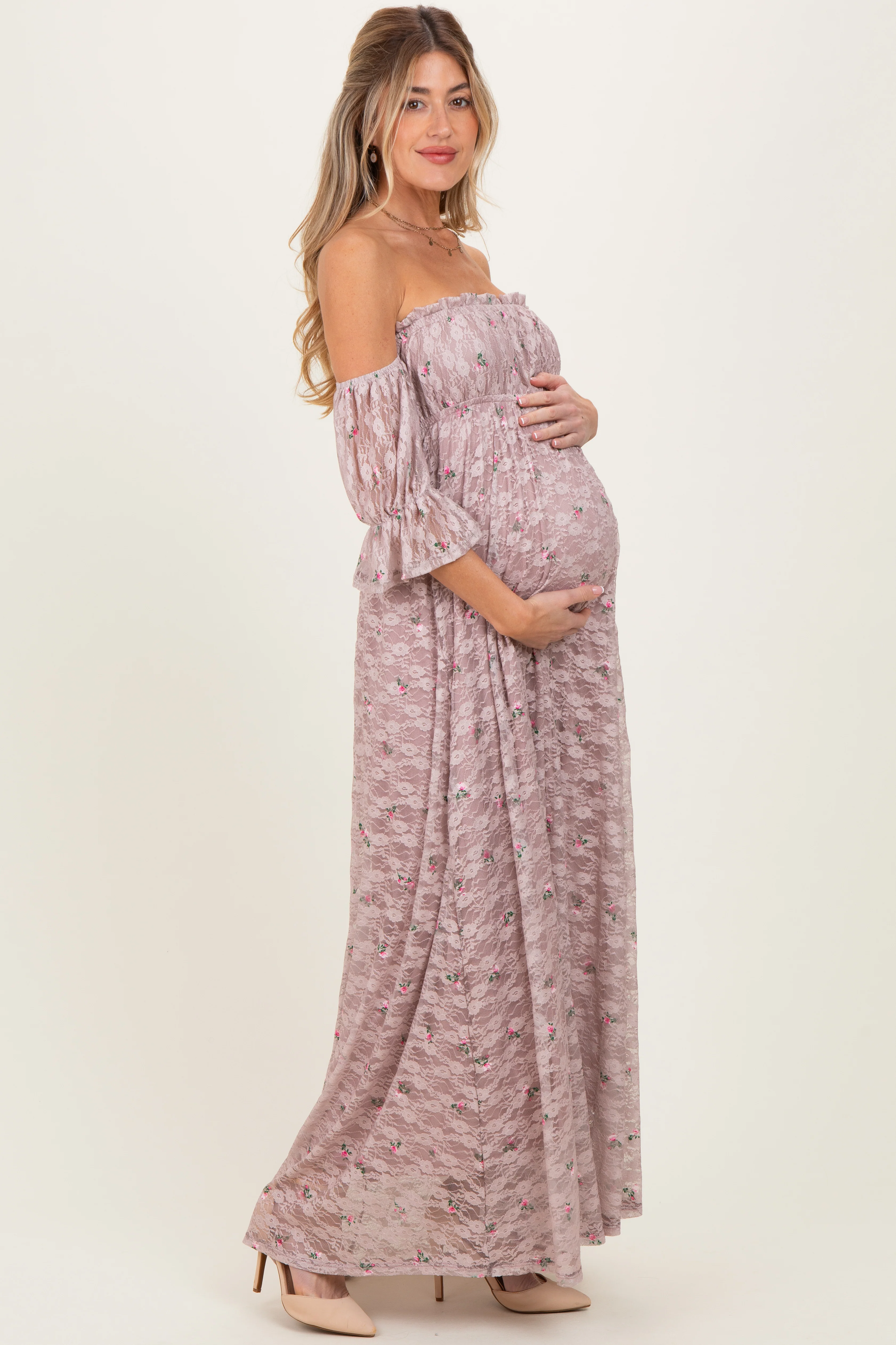 Taupe Floral Lace Off Shoulder Ruffe Sleeve Maternity Maxi Dress - Image 3