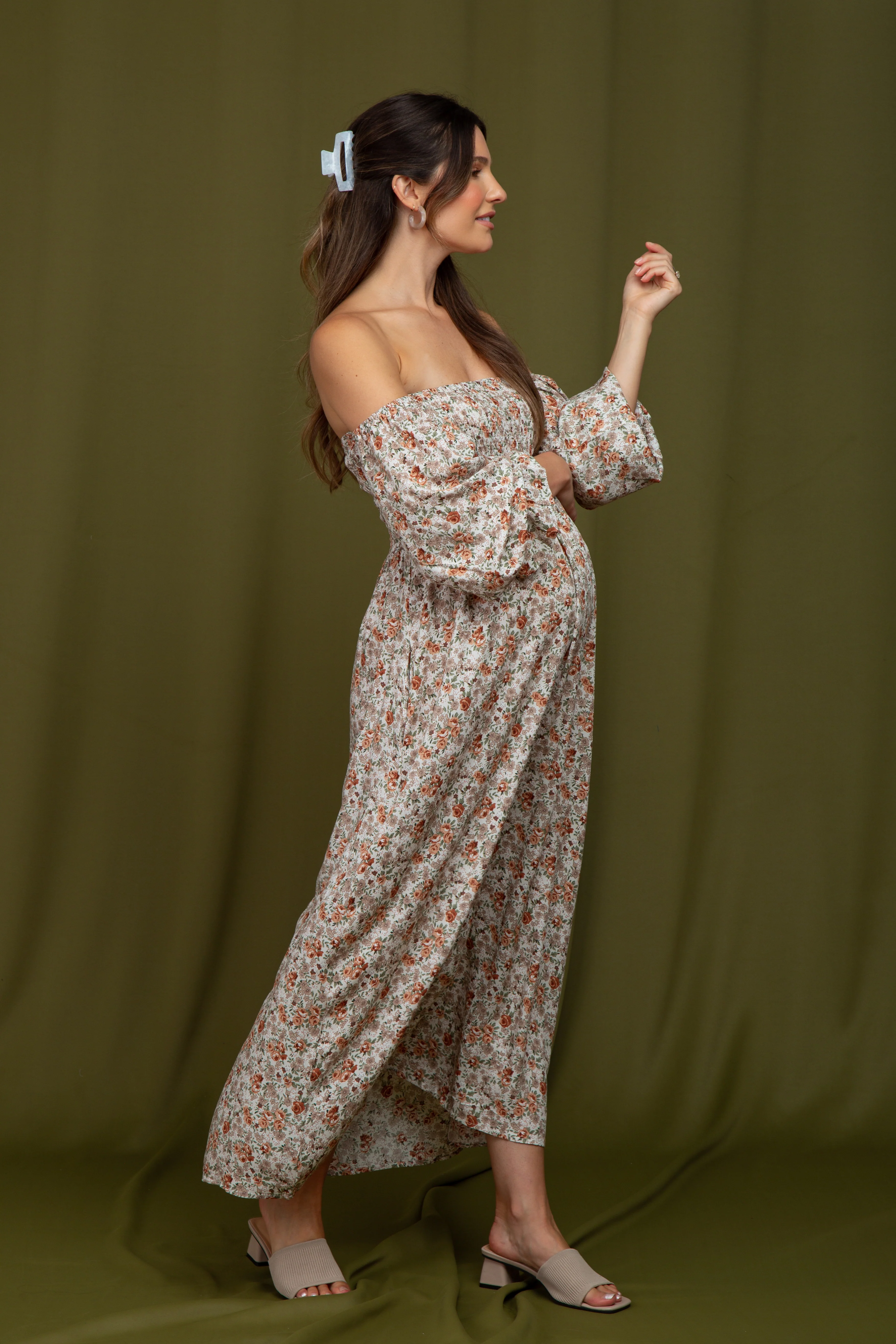 Taupe Floral Off Shoulder Long Sleeve Maternity Maxi Dress - Image 6
