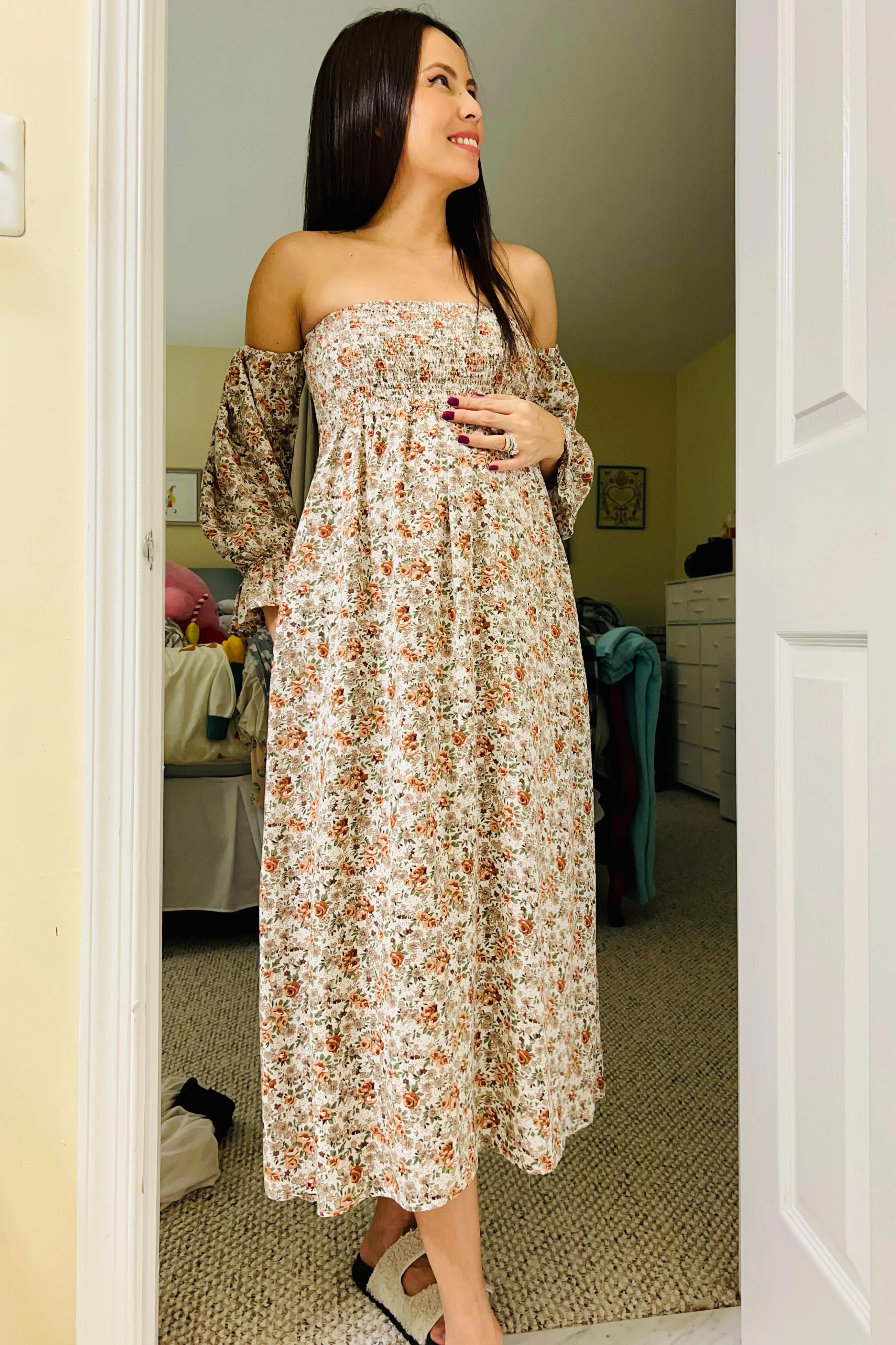 Taupe Floral Off Shoulder Long Sleeve Maternity Maxi Dress - Image 9