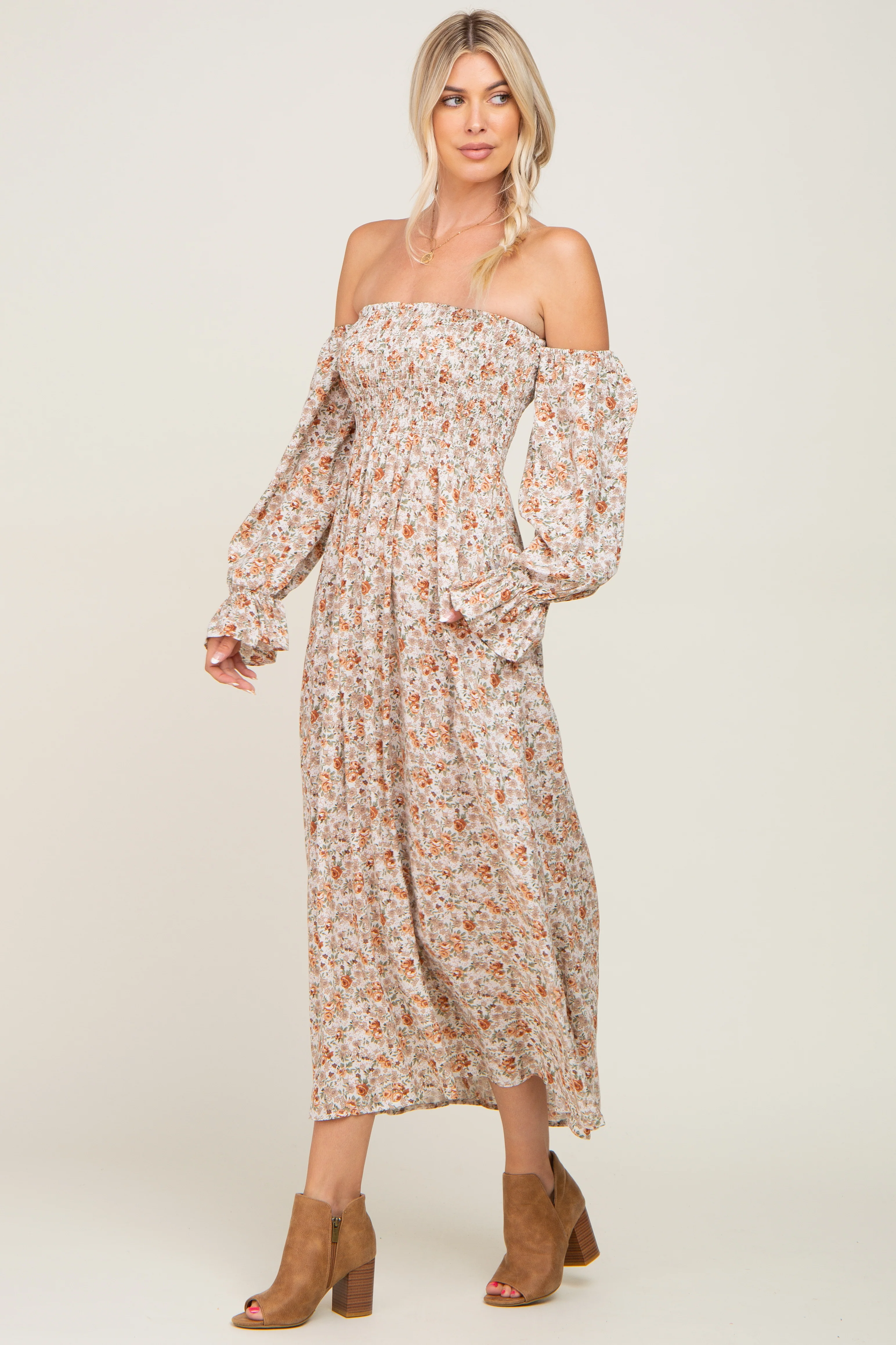 Taupe Floral Off Shoulder Long Sleeve Maxi Dress - Image 2