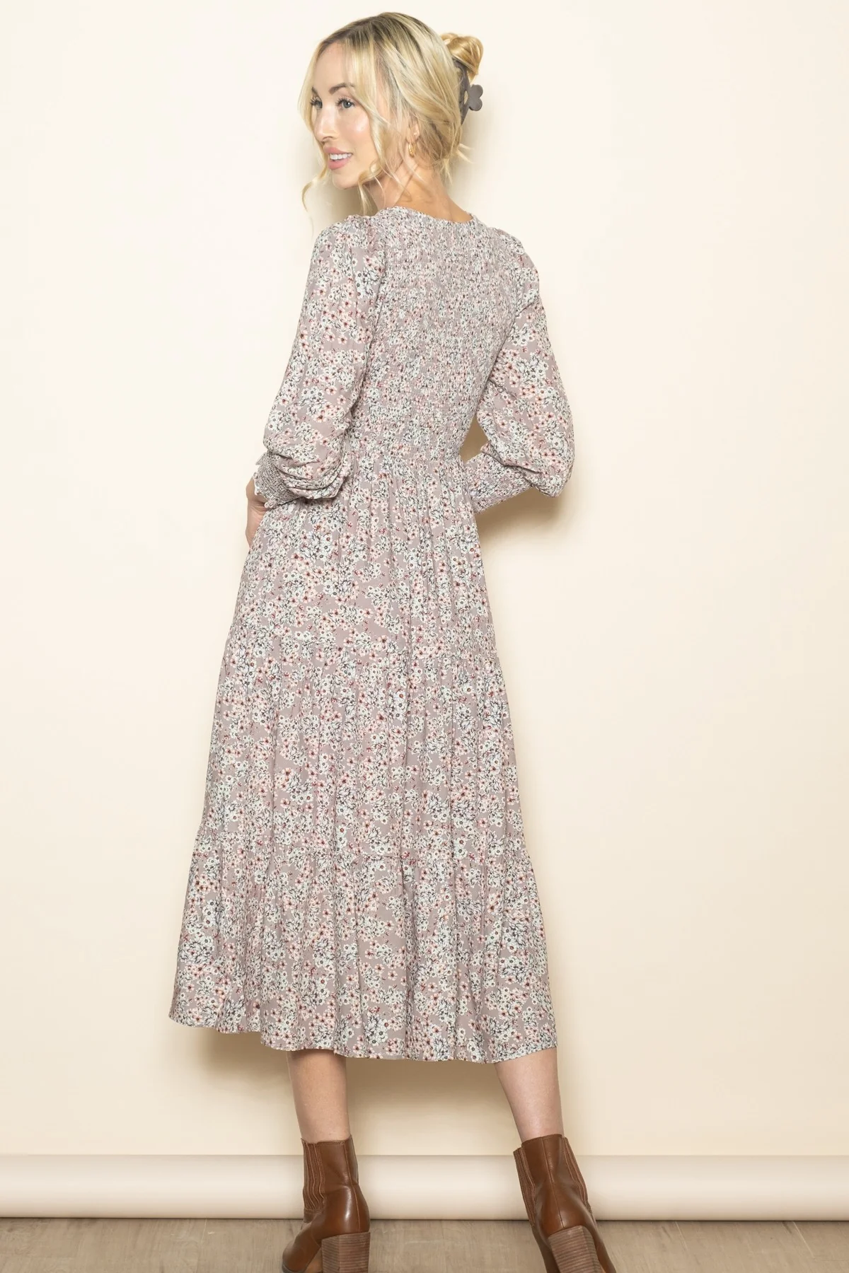 Taupe Floral Smocked Bubble Sleeve Midi Dress - Image 4
