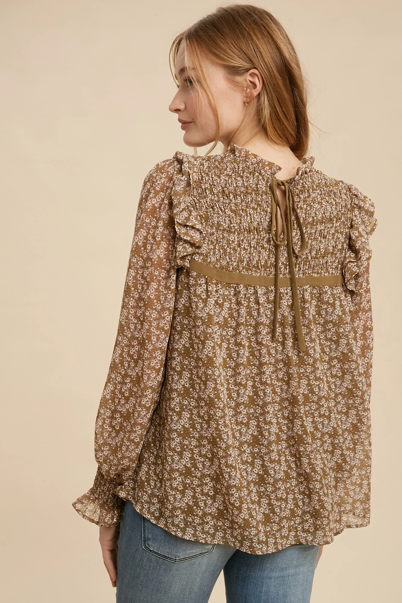 Taupe Floral Smocked Floral Print Ruffle Neck Blouse - Image 4