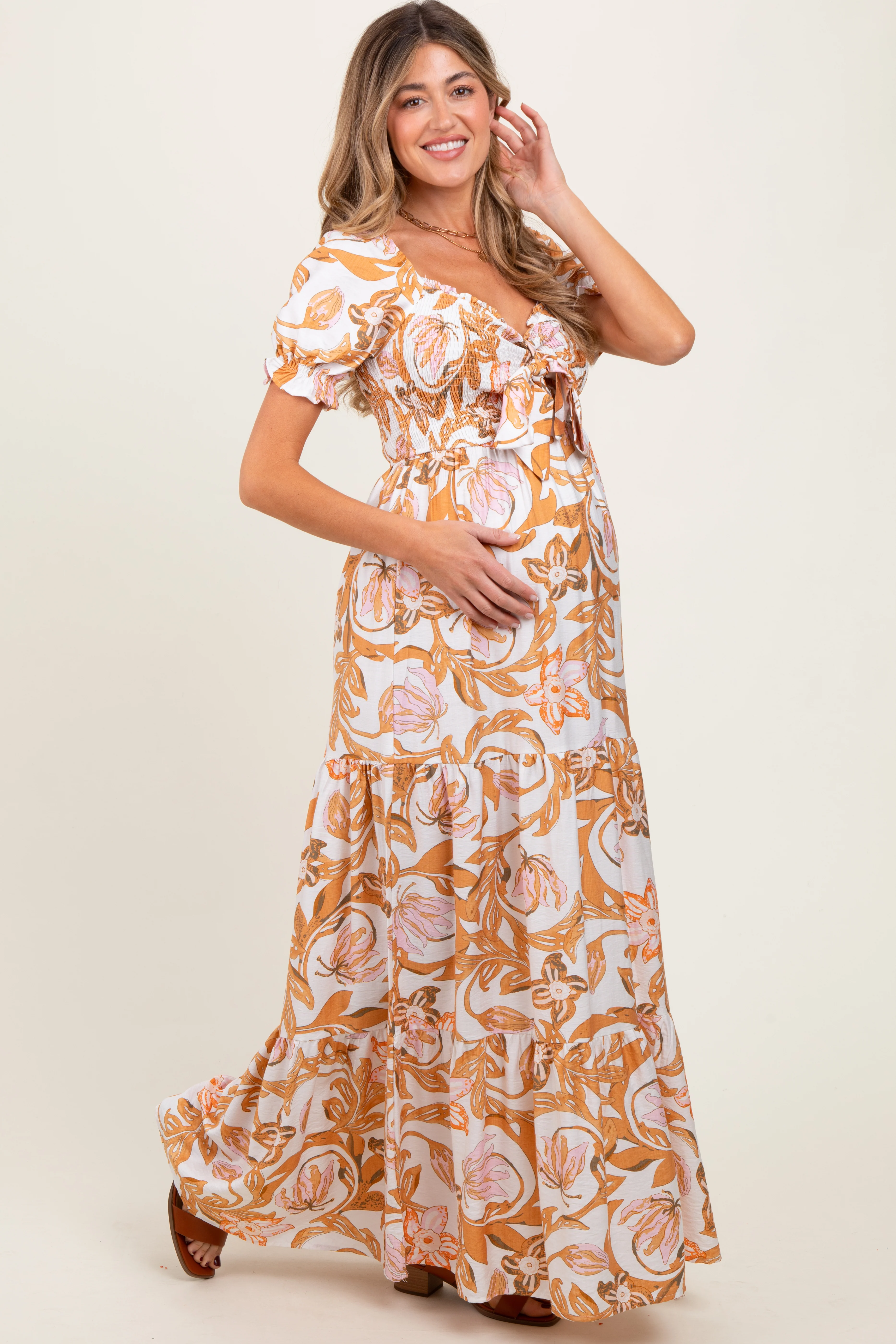 Taupe Floral Smocked Front Tie Maternity Maxi Dress - Image 3