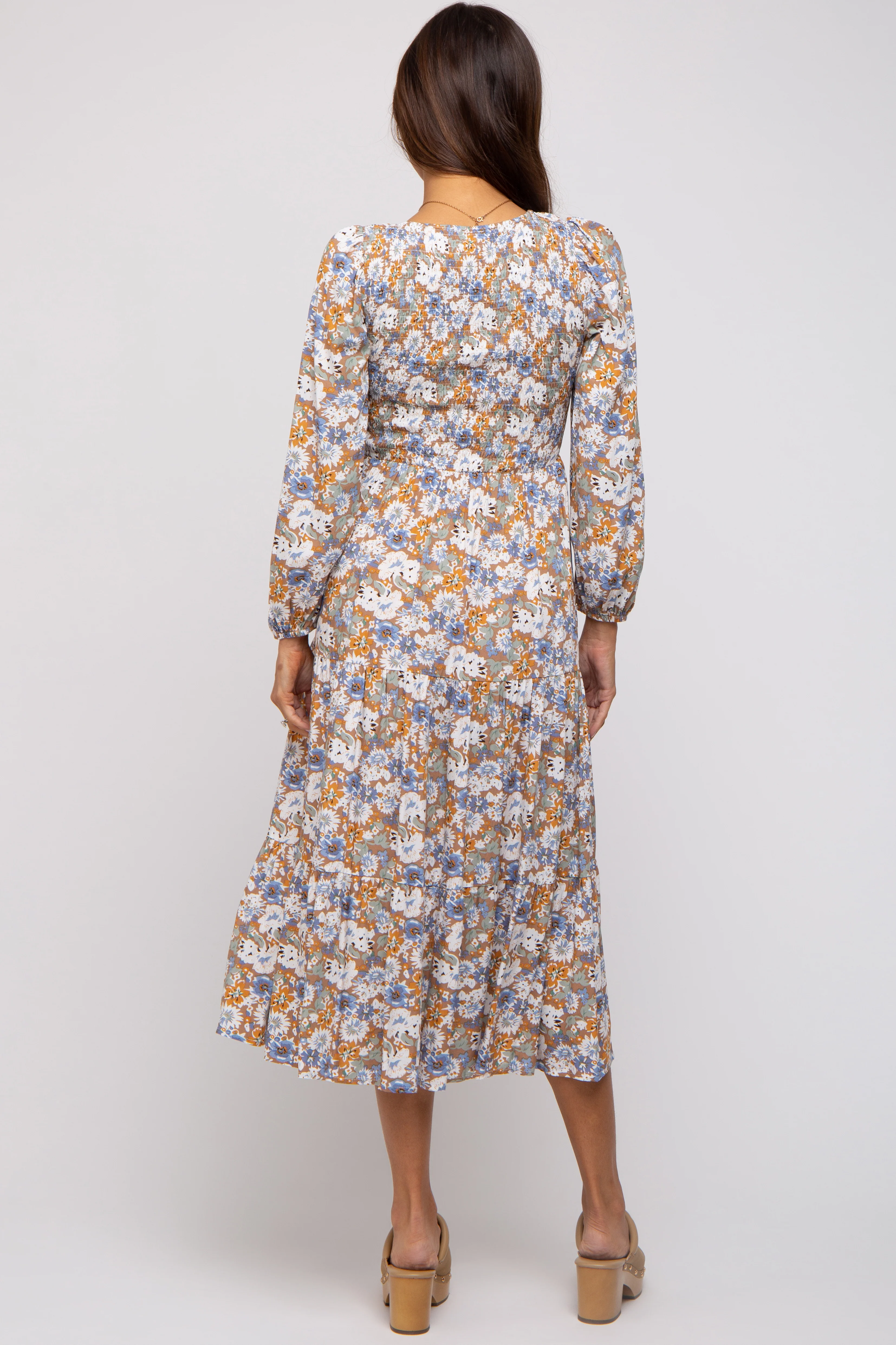 Taupe Floral Smocked Tiered Maternity Midi Dress - Image 3