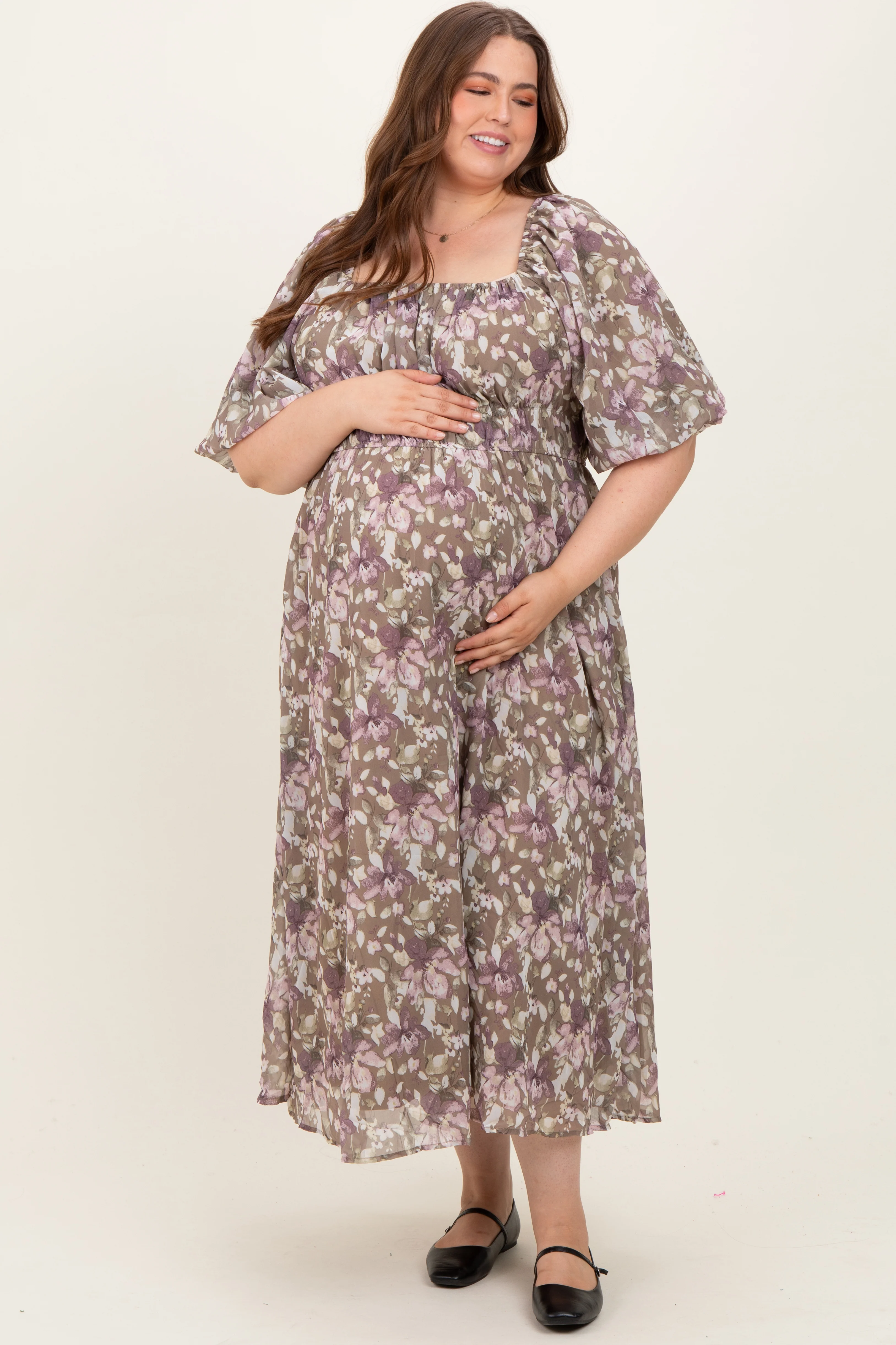 Taupe Floral Square Neck Short Puff Sleeve Maternity Plus Midi Dress - Image 2