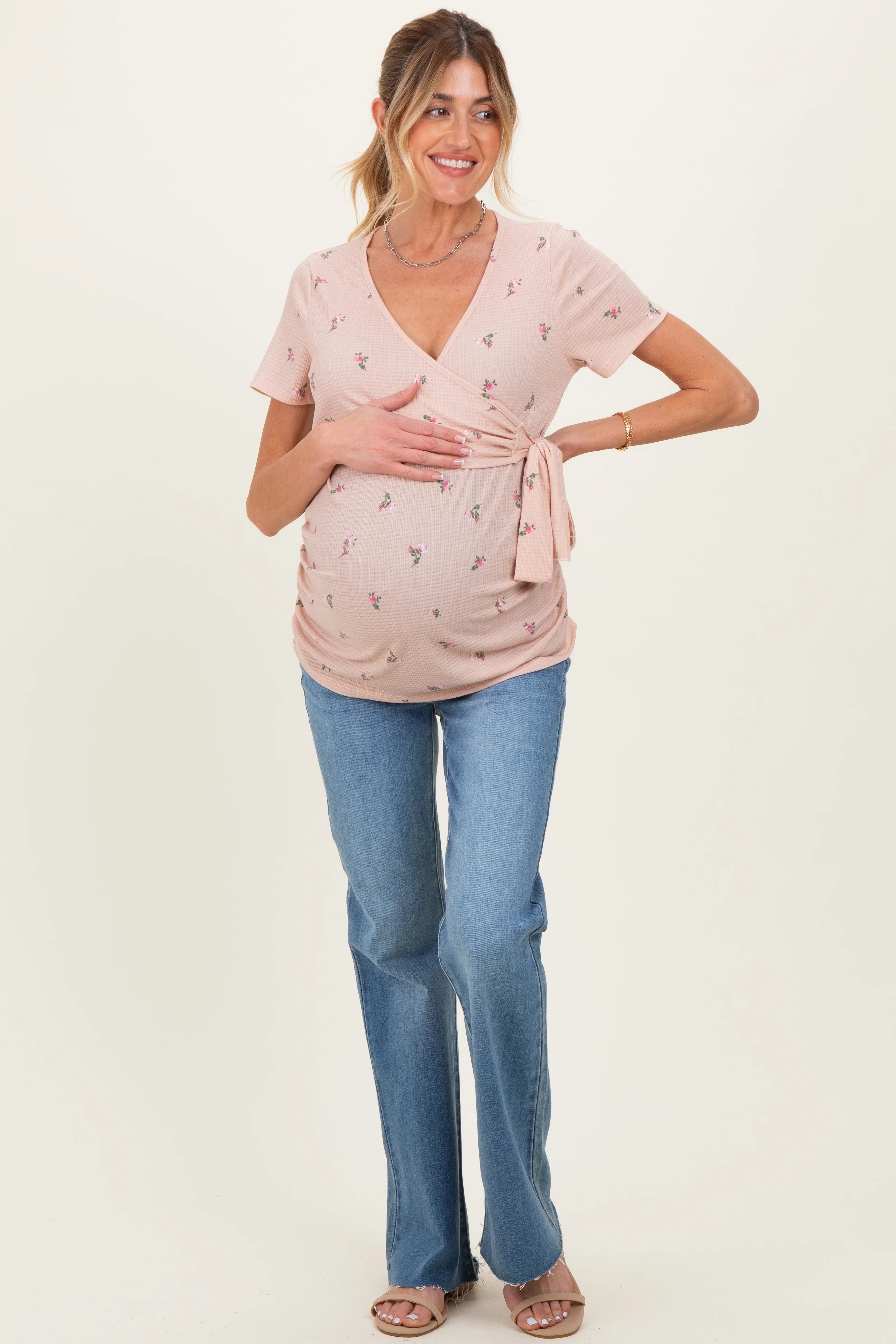 Taupe Floral Wrap Fitted Maternity/Nursing Top - Image 3