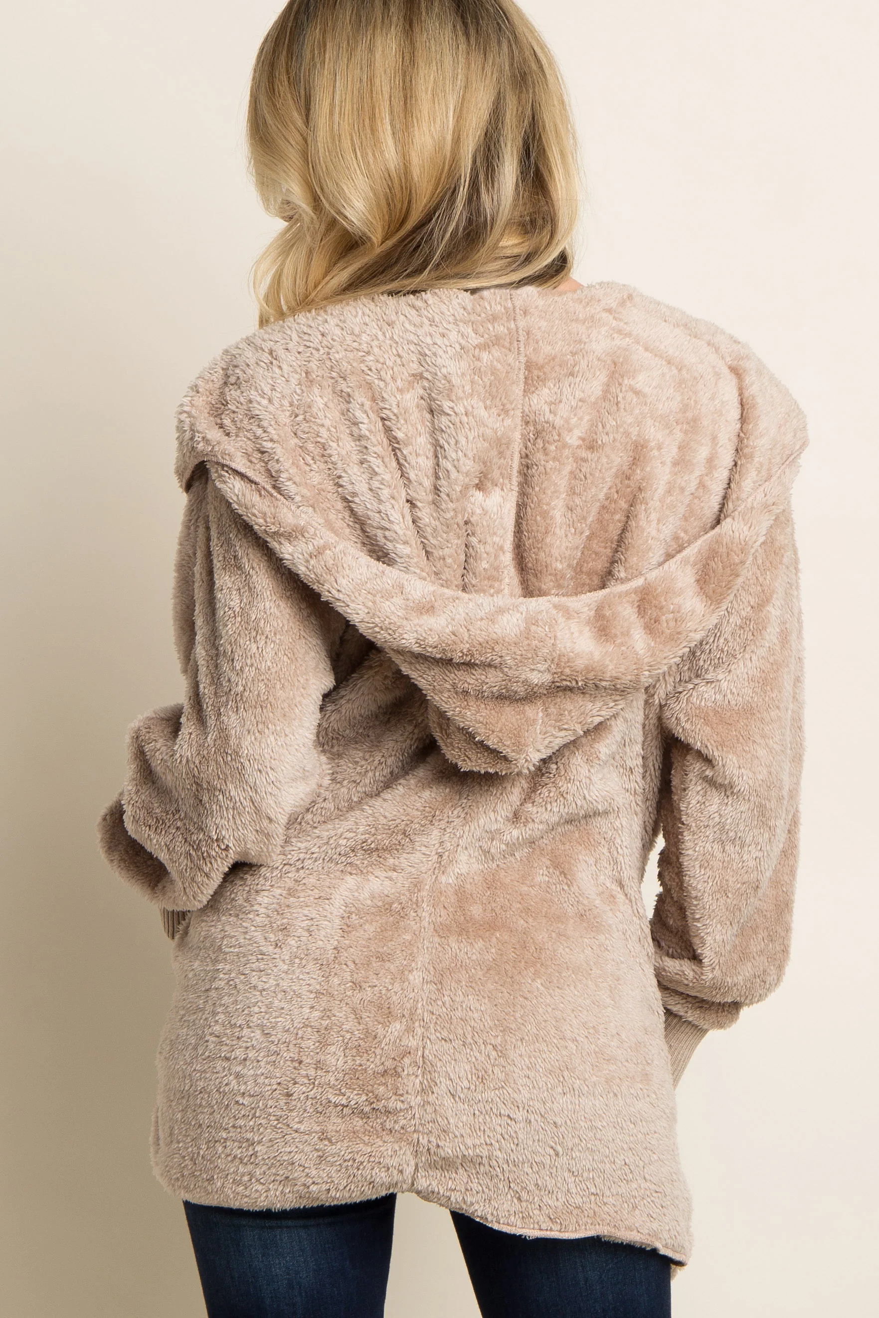 Taupe Fuzzy Hooded Long Sleeve Jacket - Image 3