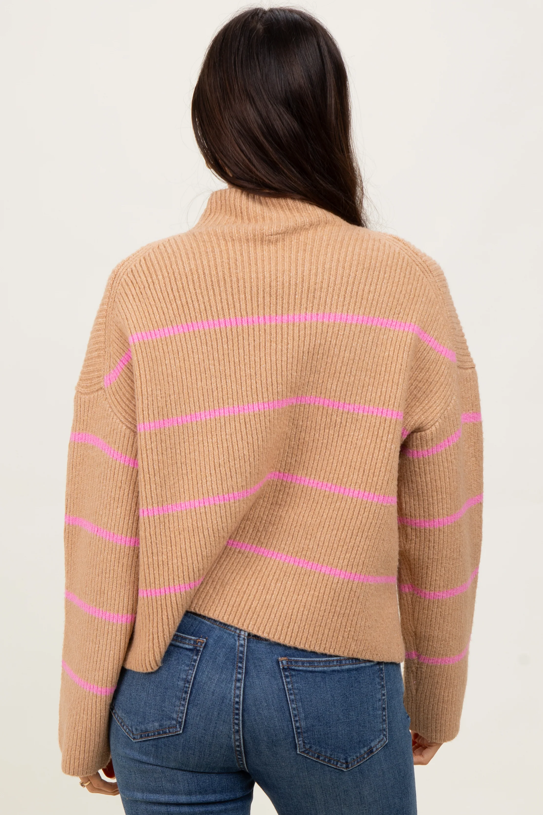 Taupe High Neck Ribbed Knit Sweater - Image 4