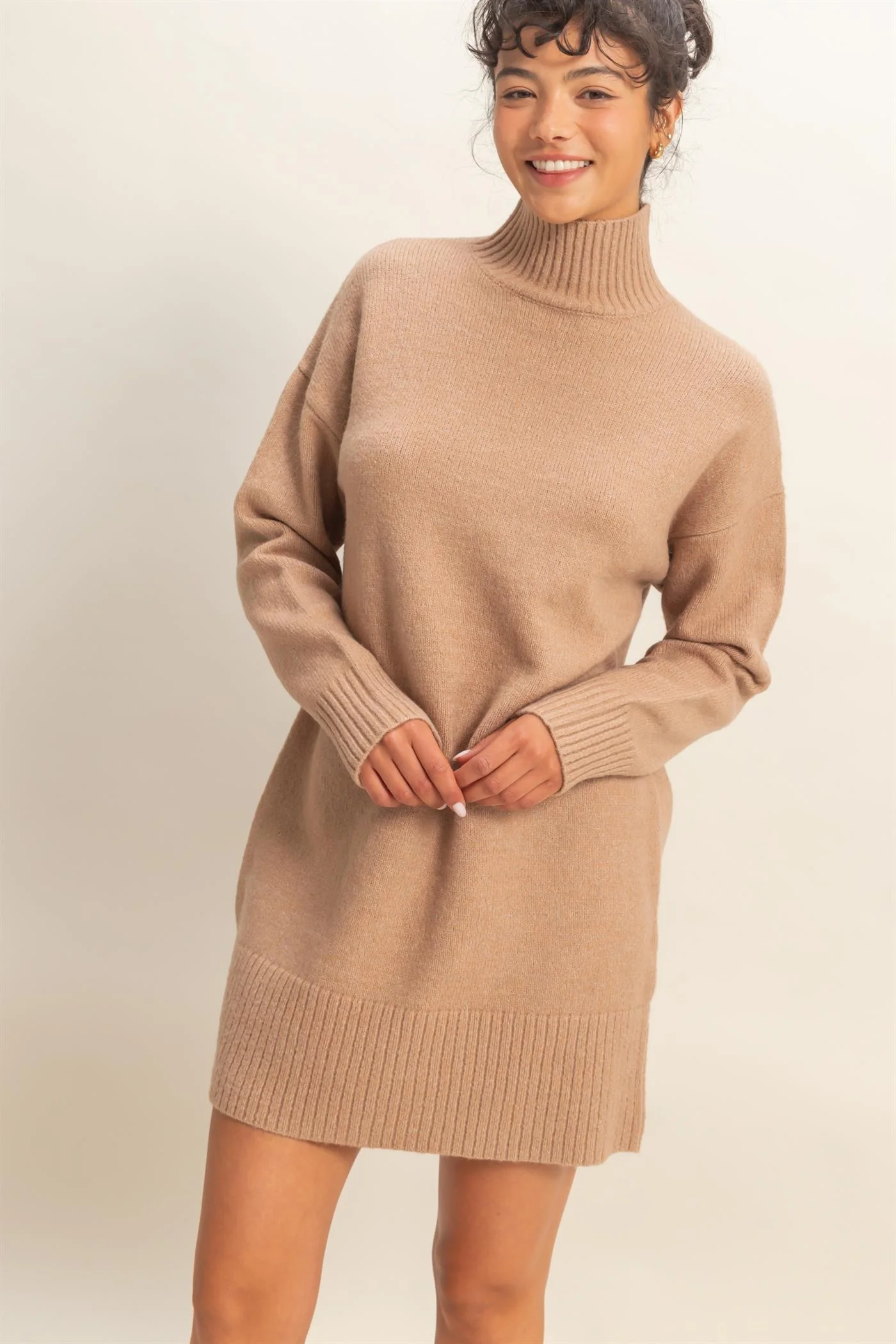 Taupe High Neck Sweater Maternity Mini Dress - Image 5