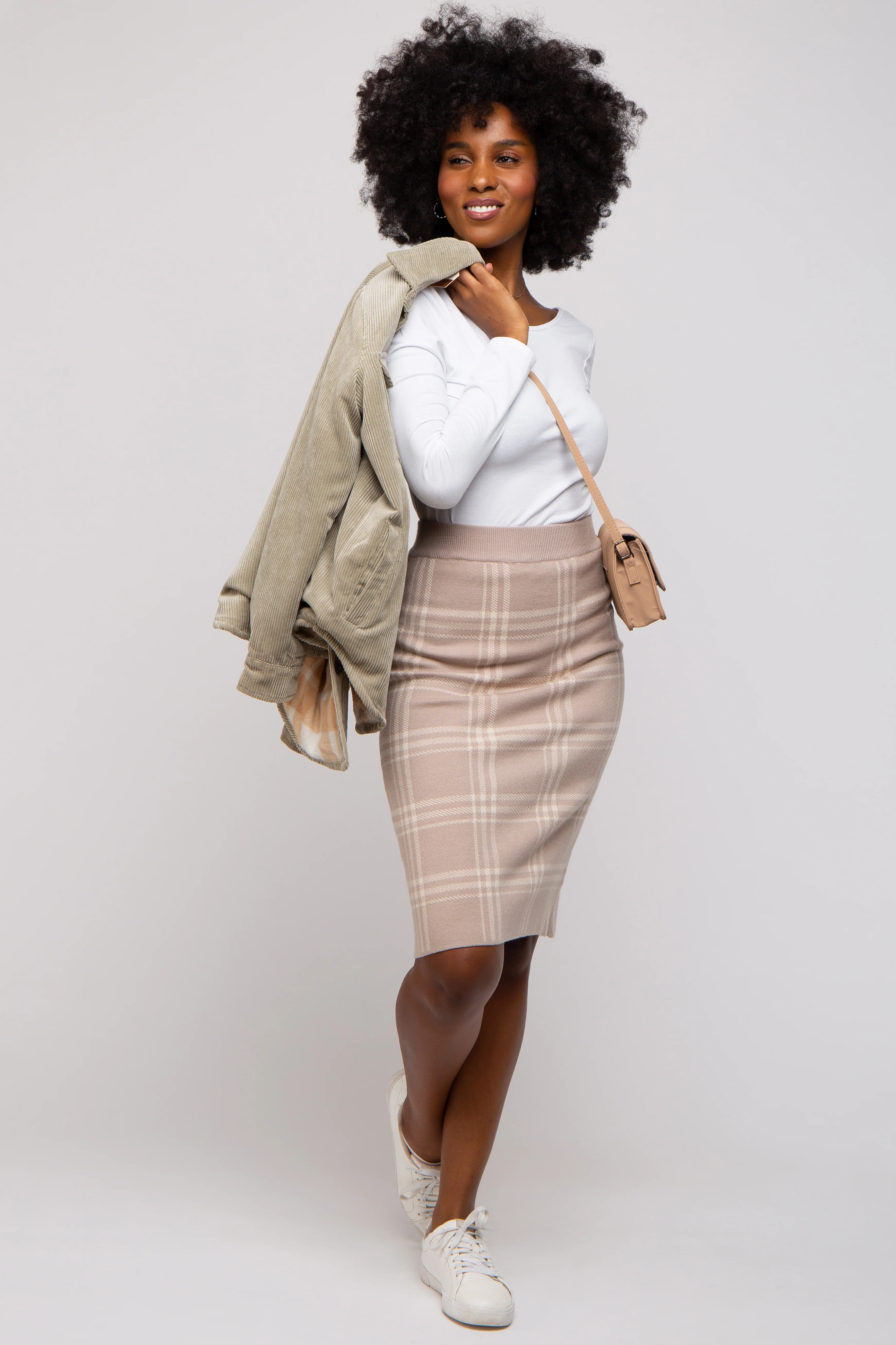 Taupe Knit Plaid Fitted Skirt - Image 5