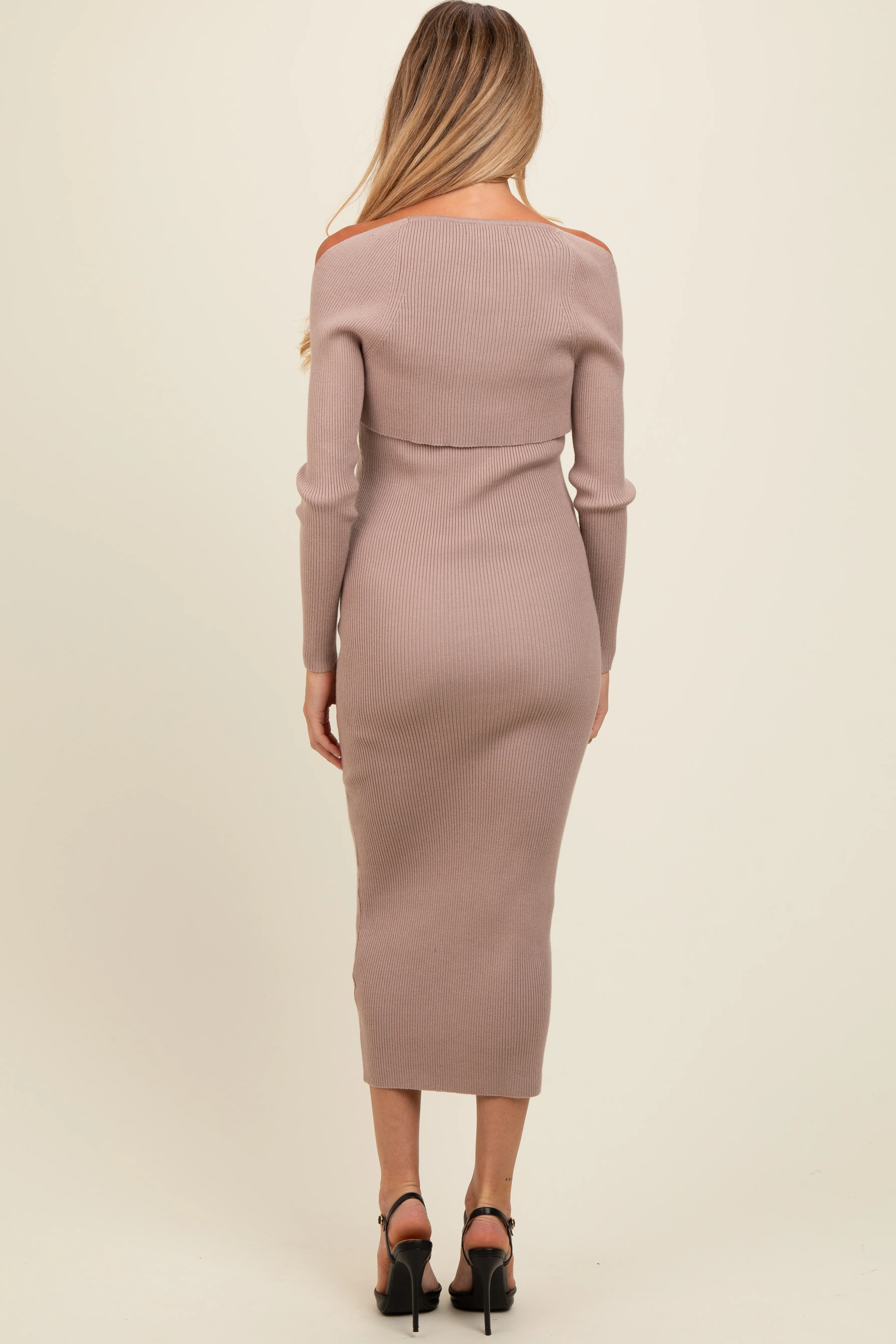 Taupe Knit Shrug Fitted Maternity Midi Dress - Image 3