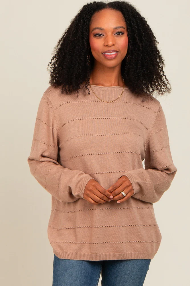 Taupe Knit Stitch Detail Long Sleeve Maternity Sweater Top - Image 3