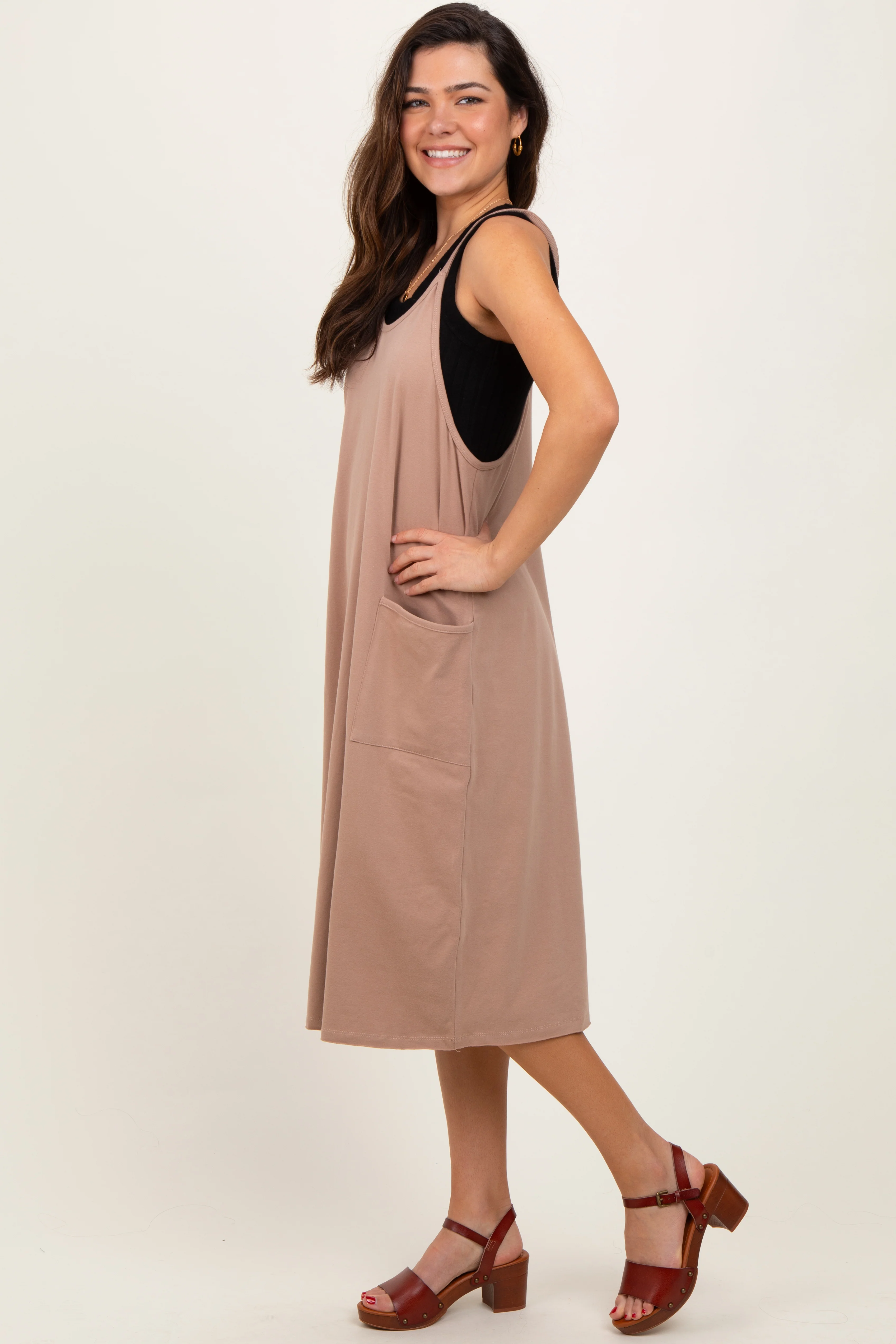 Taupe Knit V-Neck Cami Midi Dress - Image 3