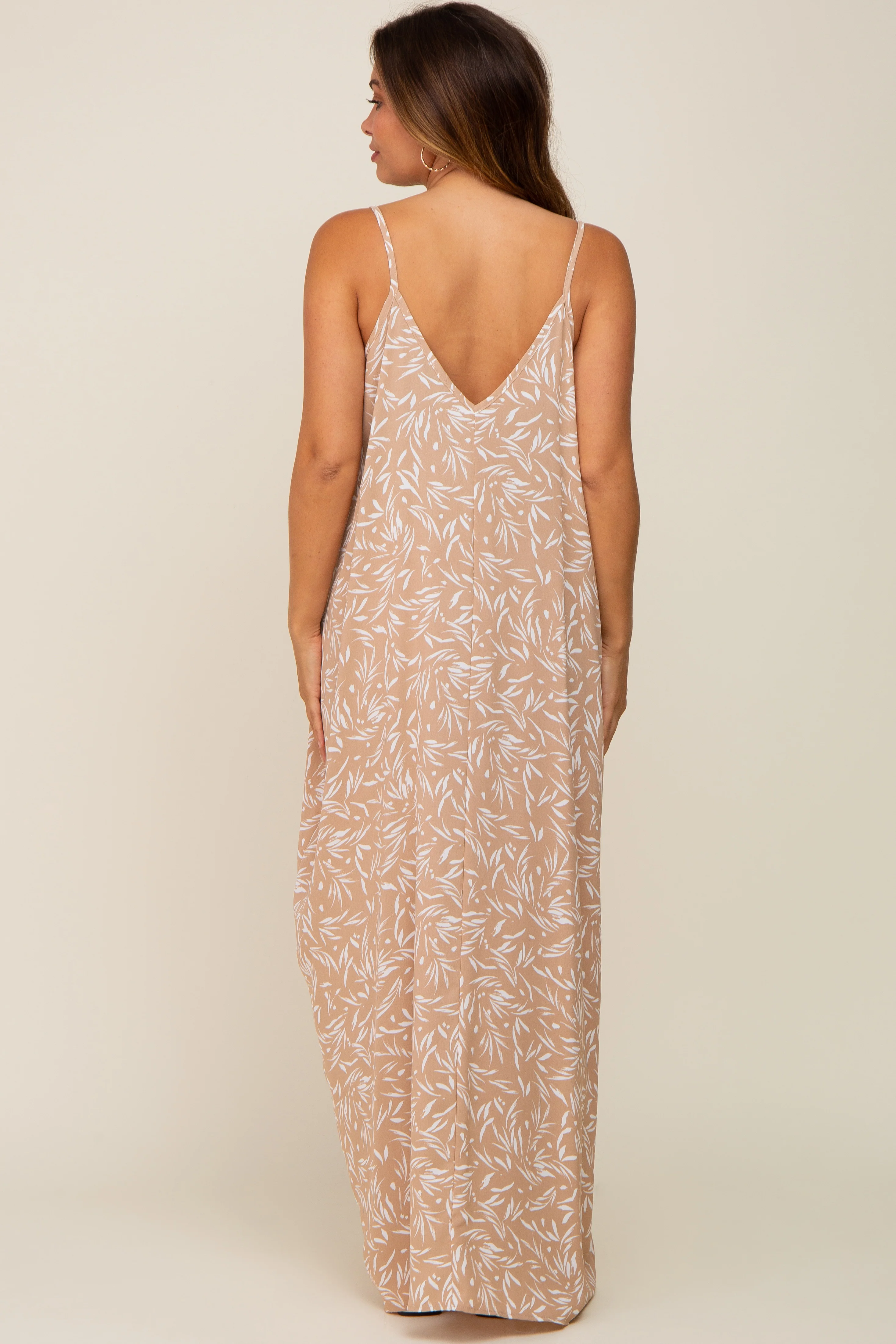 Taupe Leaf Print Double V-Neck Maternity Maxi Dress - Image 3