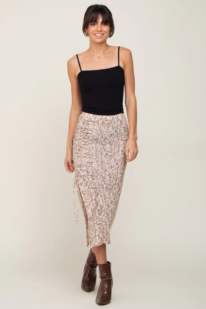 Taupe Leopard Print Drawstring Front Midi Skirt - Image 6