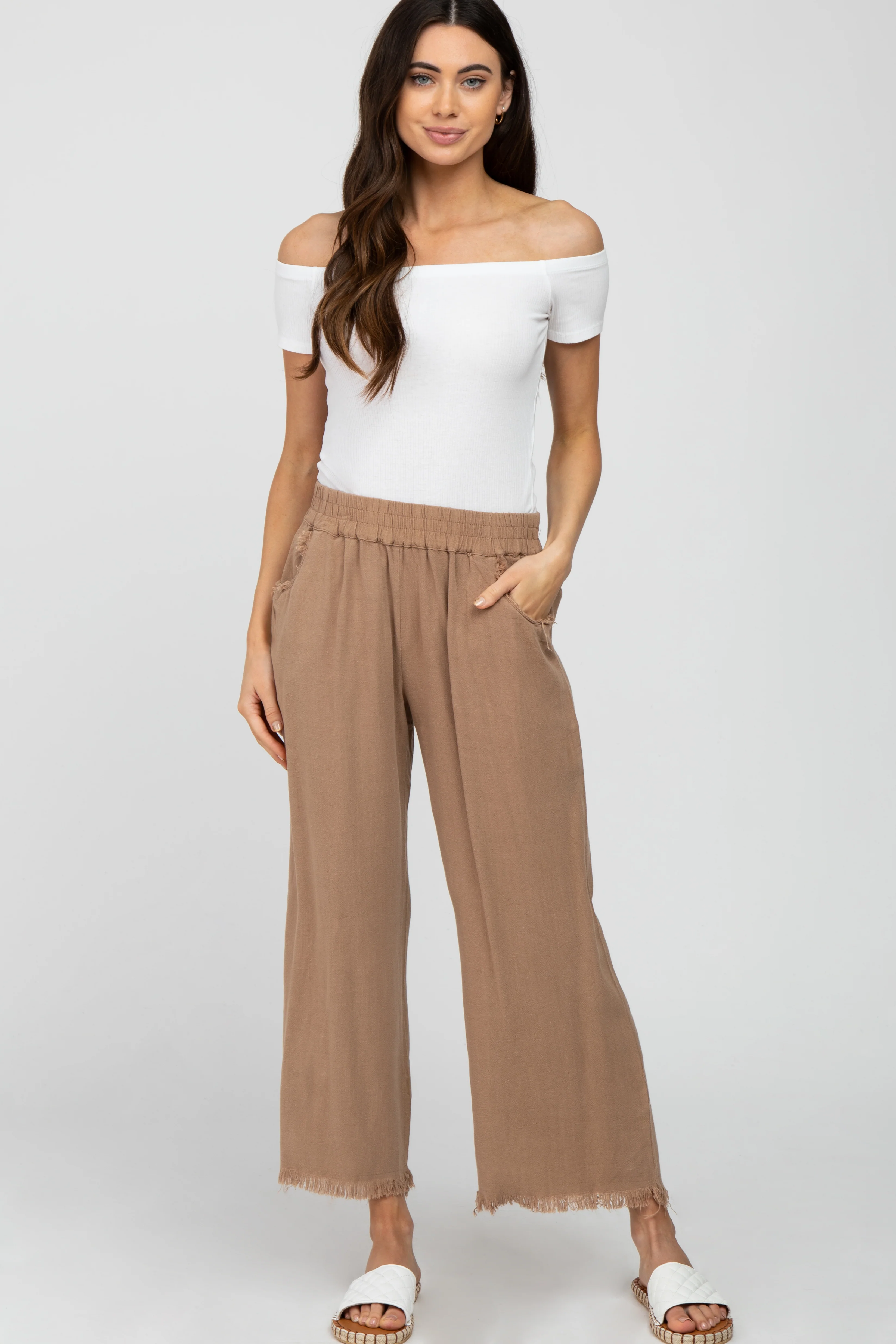 Taupe Linen Frayed Hem Crop Maternity Pants - Image 5