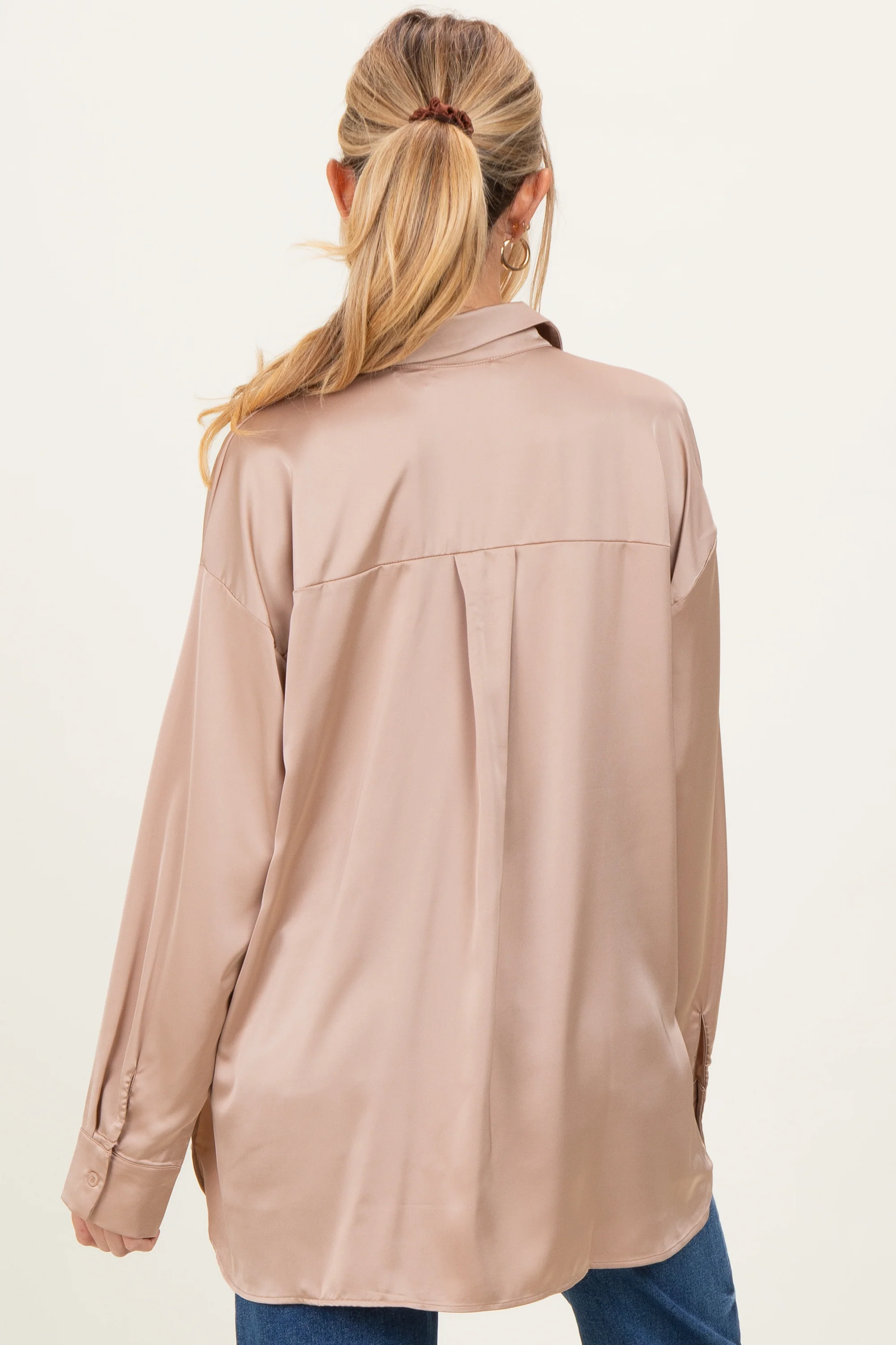 Taupe Long Sleeve Oversized Satin Maternity Shirt - Image 4