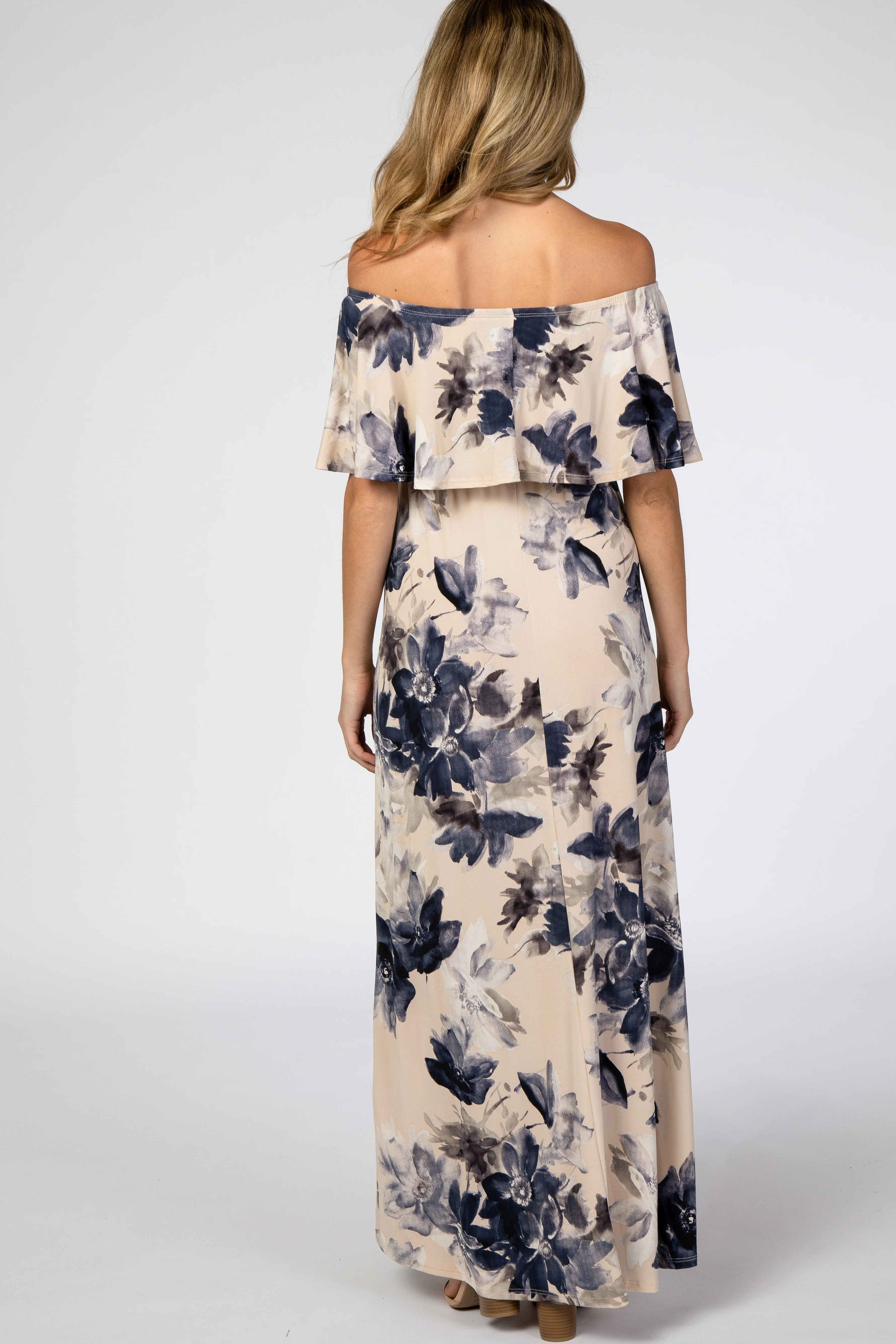 Taupe Navy Floral Off Shoulder Maternity Maxi Dress - Image 3