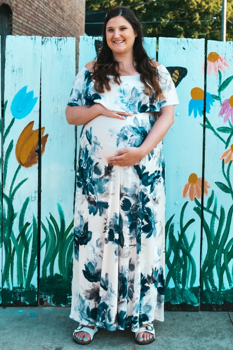 Taupe Navy Floral Off Shoulder Maternity Maxi Dress - Image 4